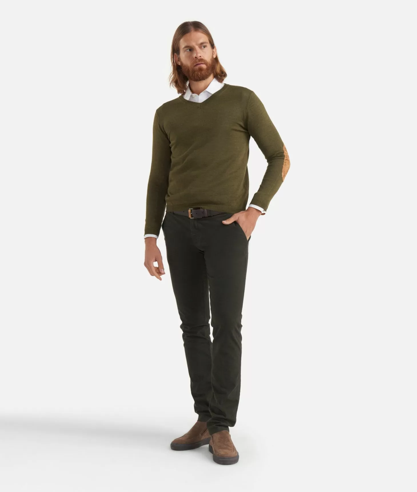 green sweater with elbow patches