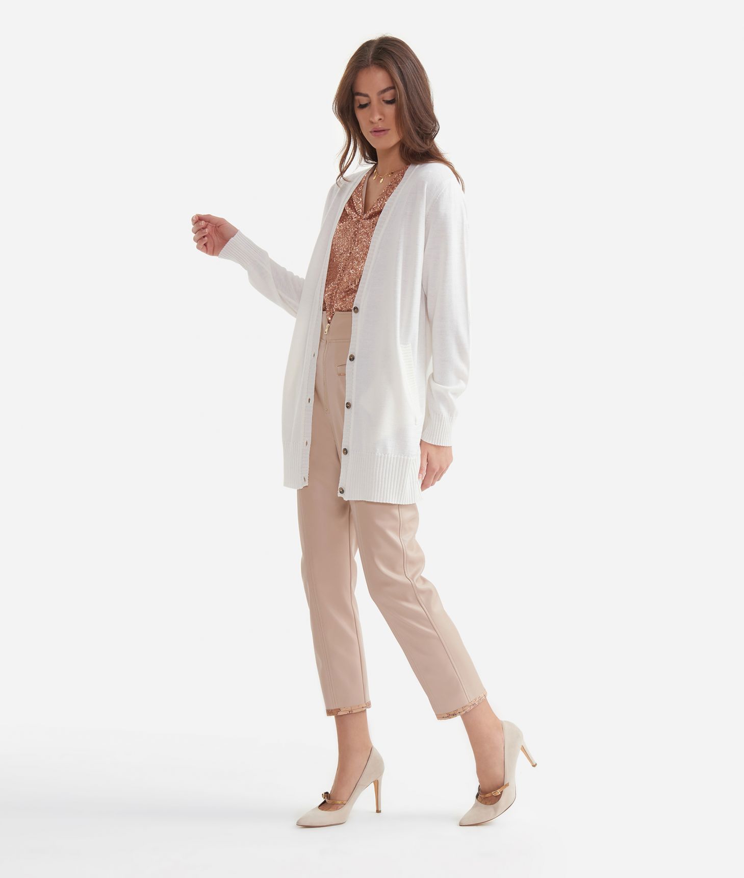 V-neck cardigan in mixed wool and Geo twill White wool,front