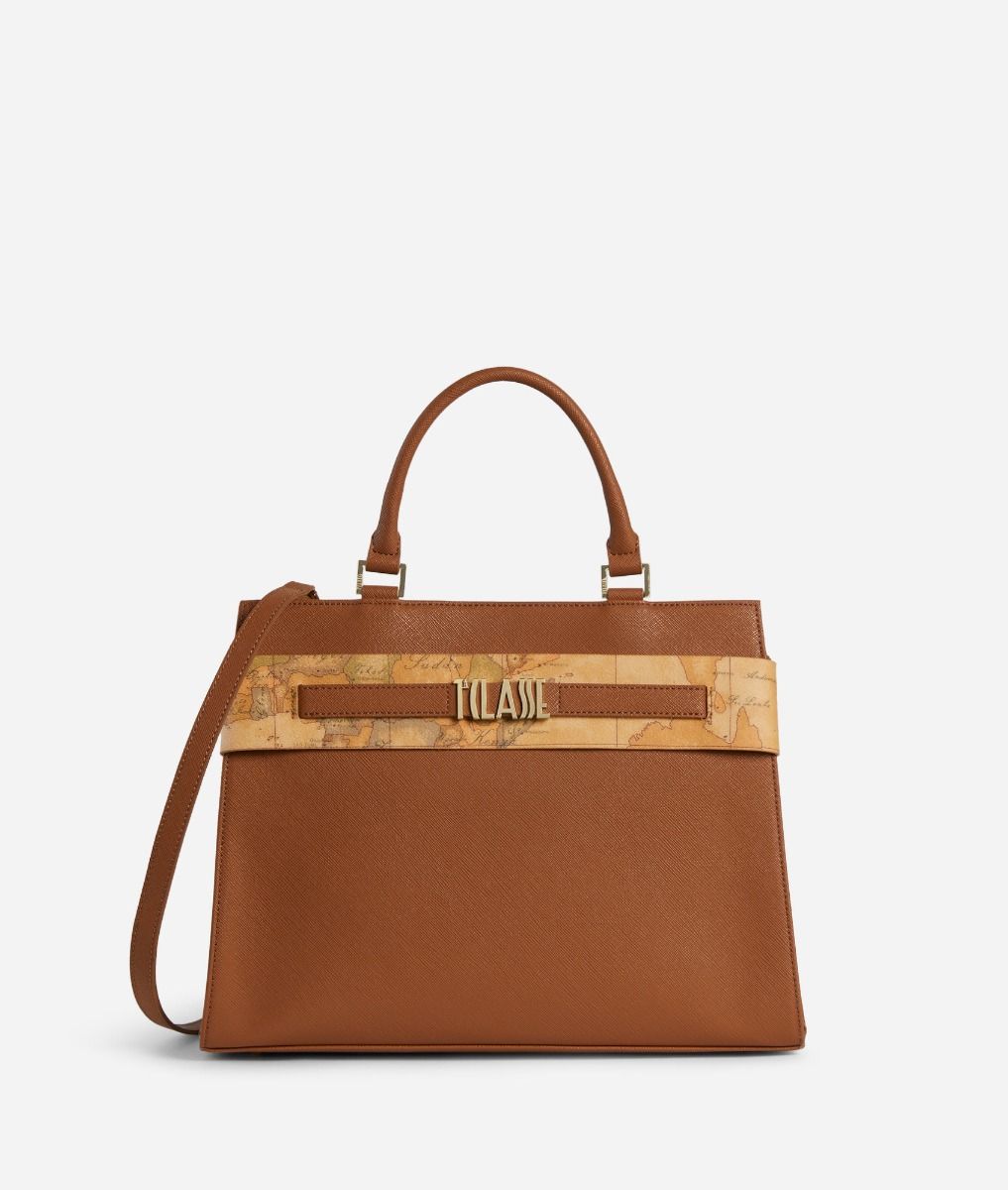 Stylish Bag Handbag in embossed saffiano Sienna color,front