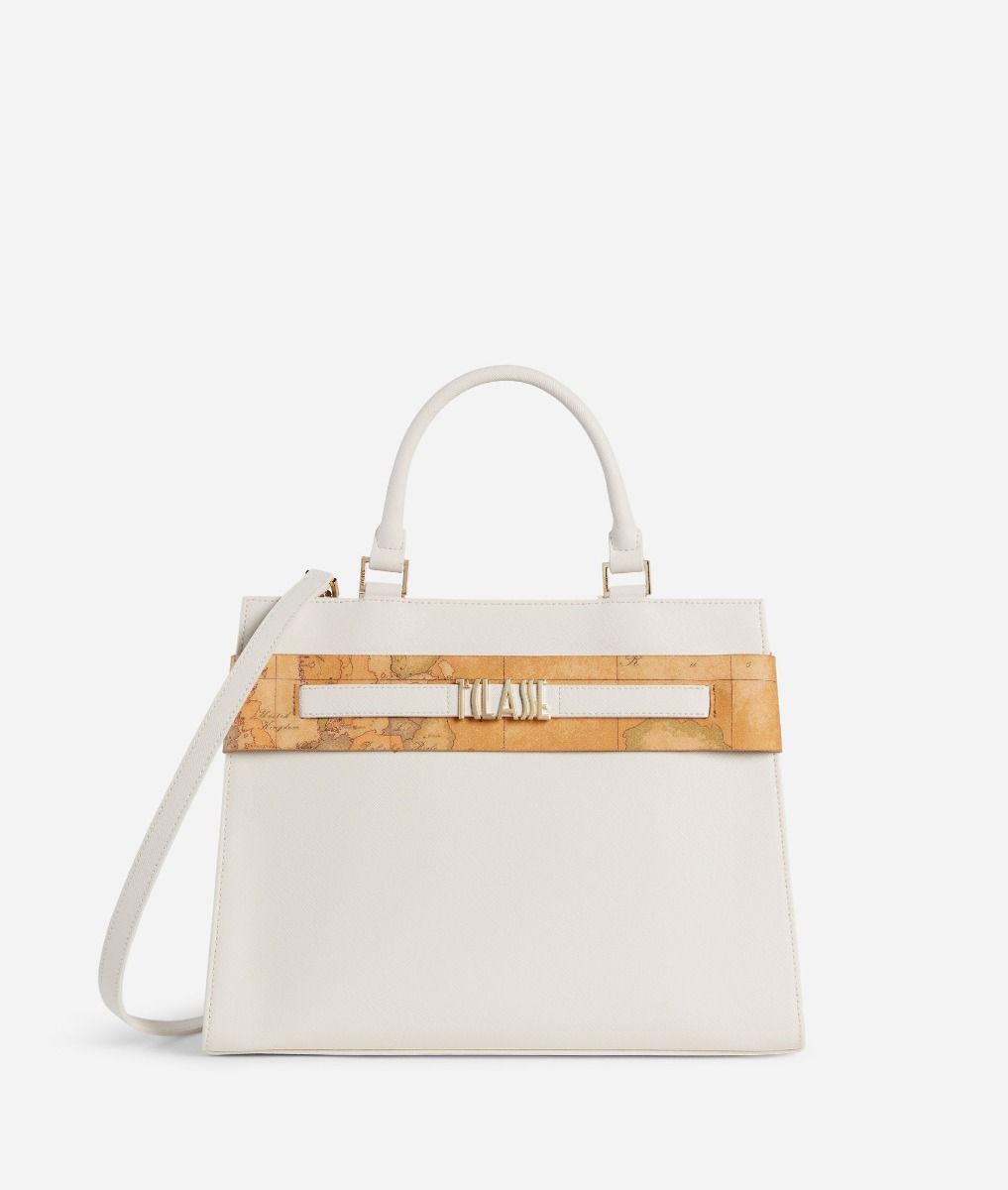 Stylish Bag Handbag in embossed saffiano pastel white,front