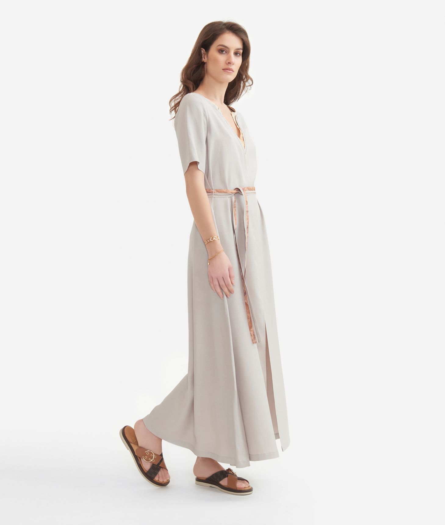Long dress with embroidery in linen and viscose Light Gray,front
