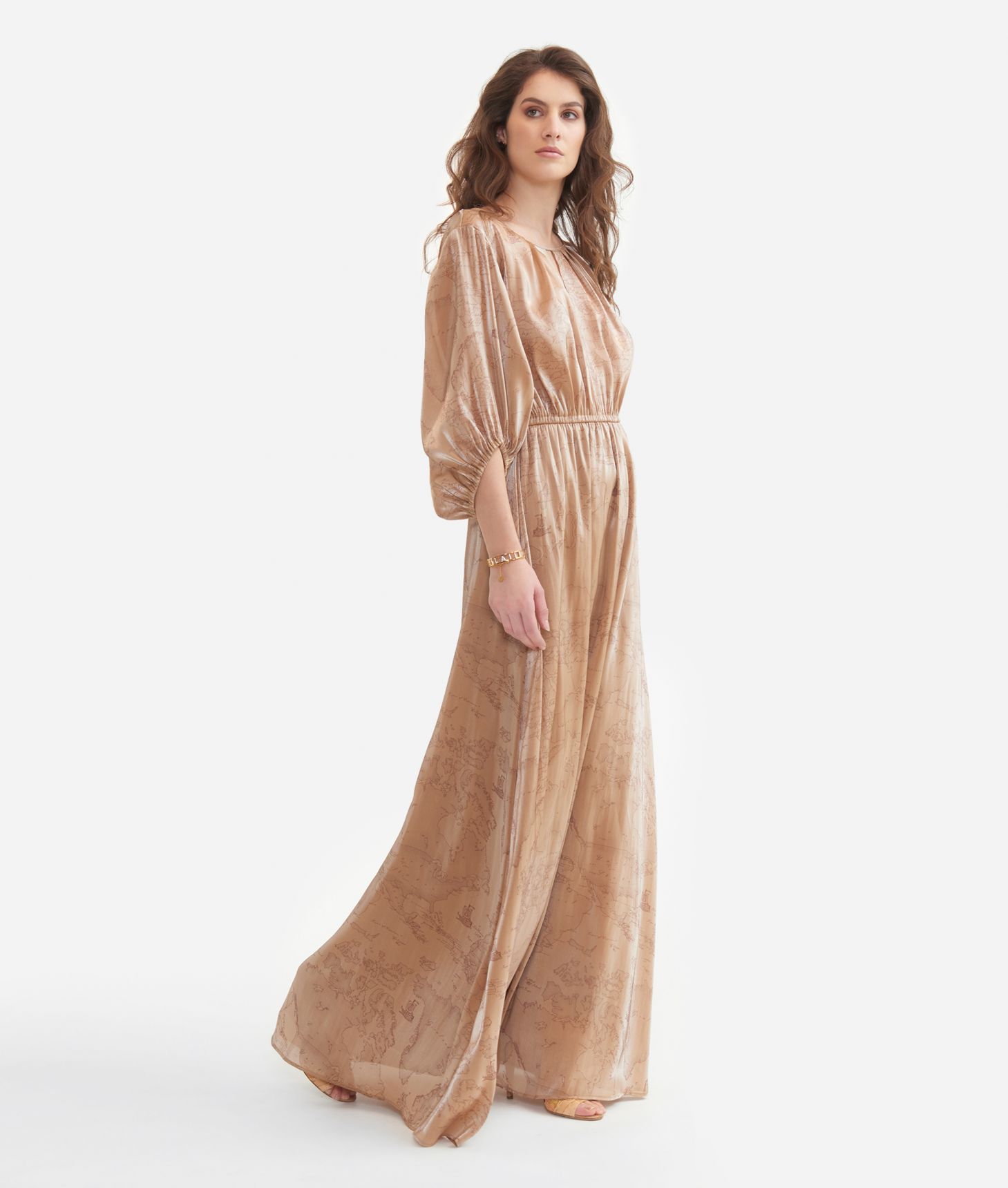 Long dress with tulip sleeves in chiffon Geo Speciale Champagne,front