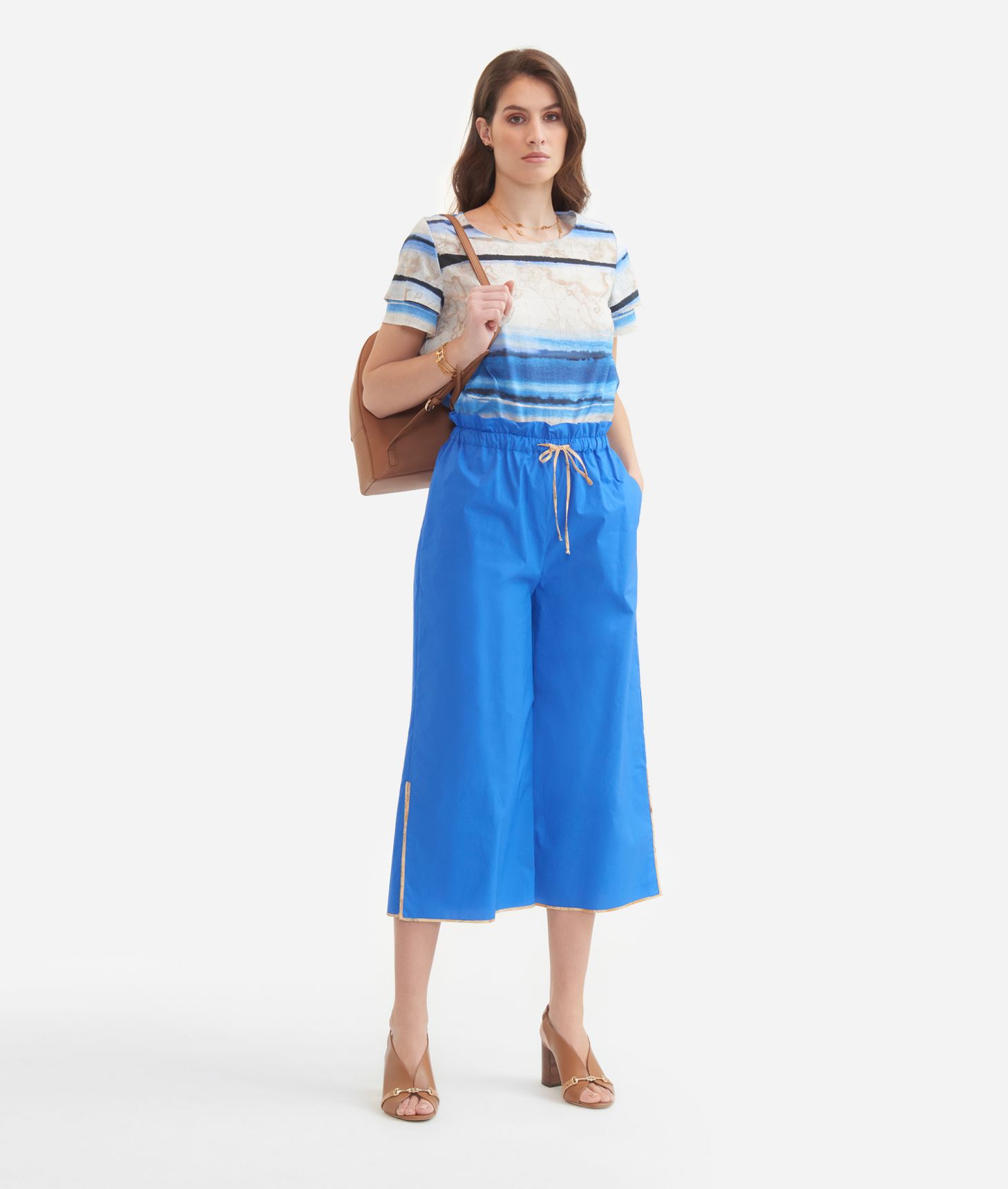 Cropped trousers with slits in poplin cotton Bluette,front