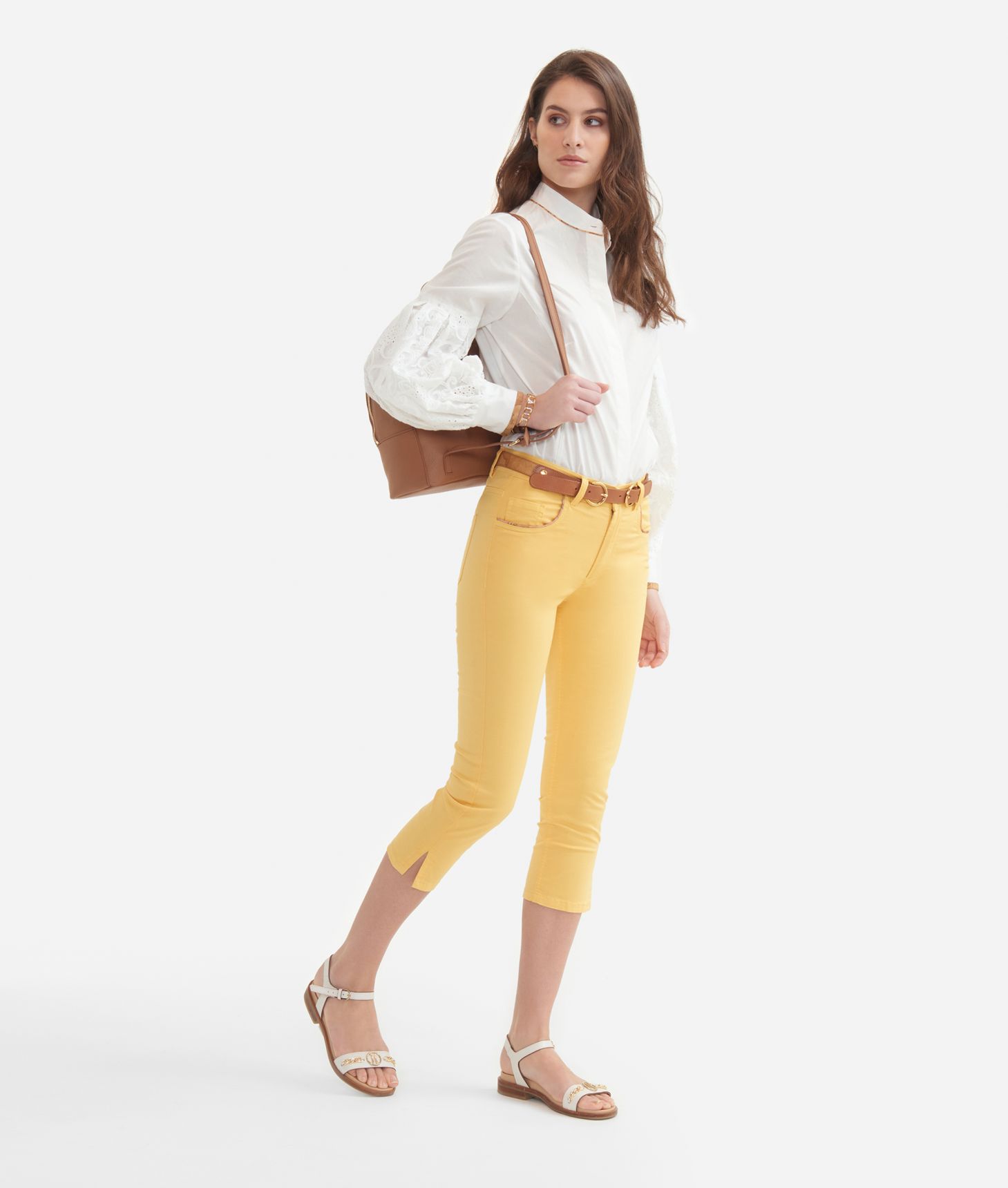 Capri pants in satin dyed cotton Yellow Grain,front