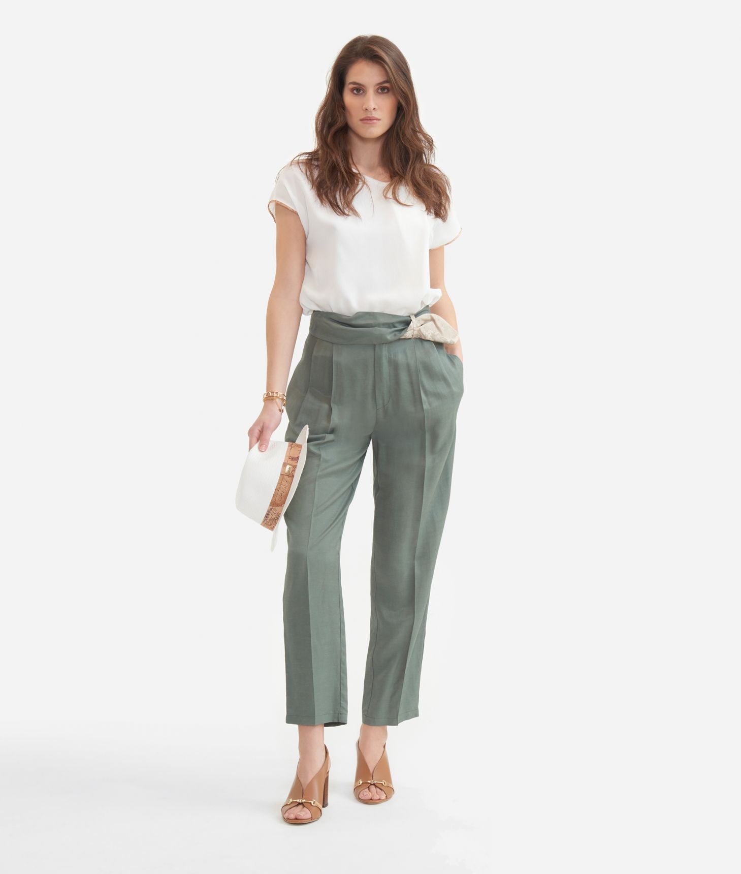 Trousers with bow in viscose and linen blend Olive,front
