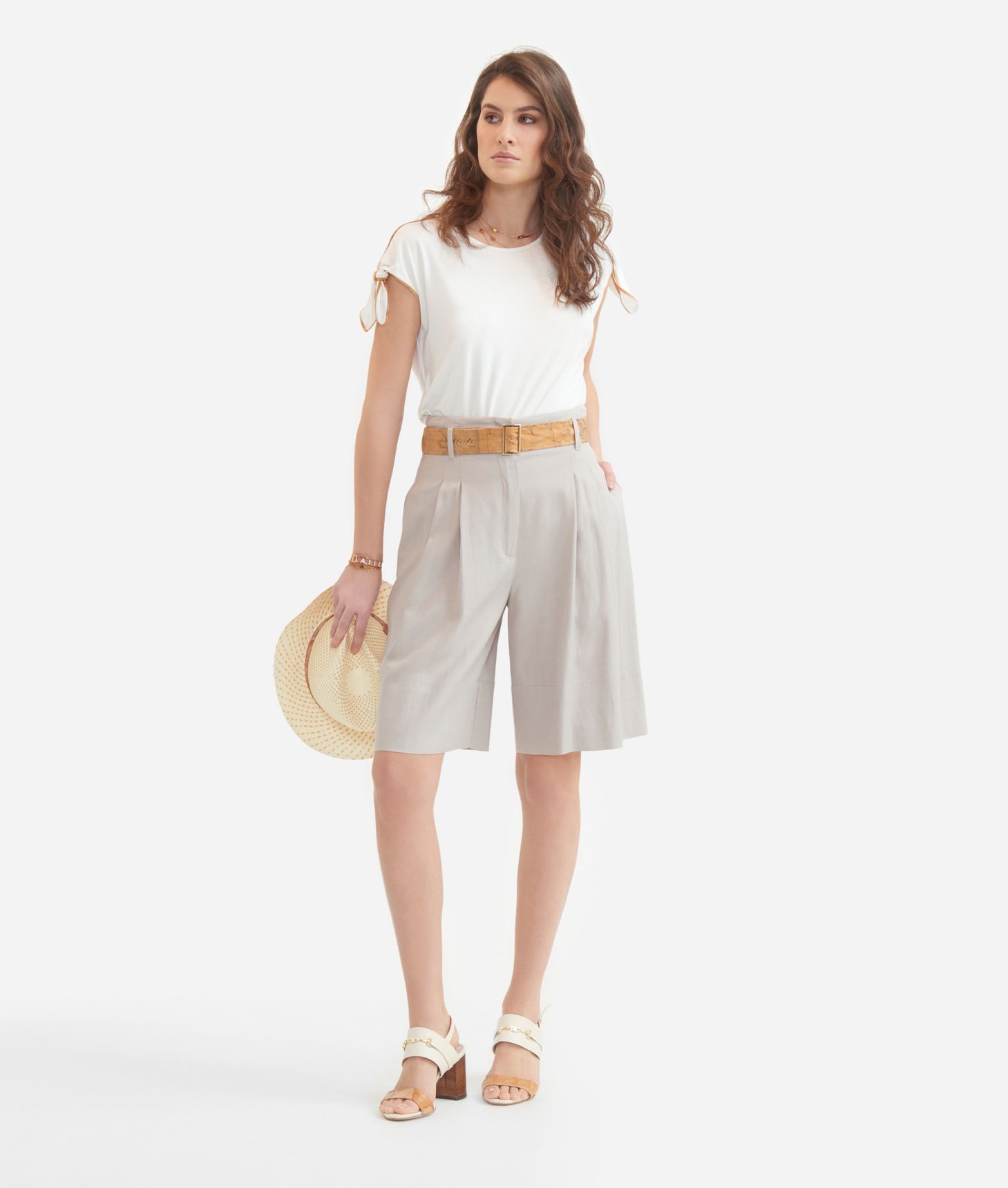 Bermuda shorts with belt in viscose and linen blend Light Gray,front