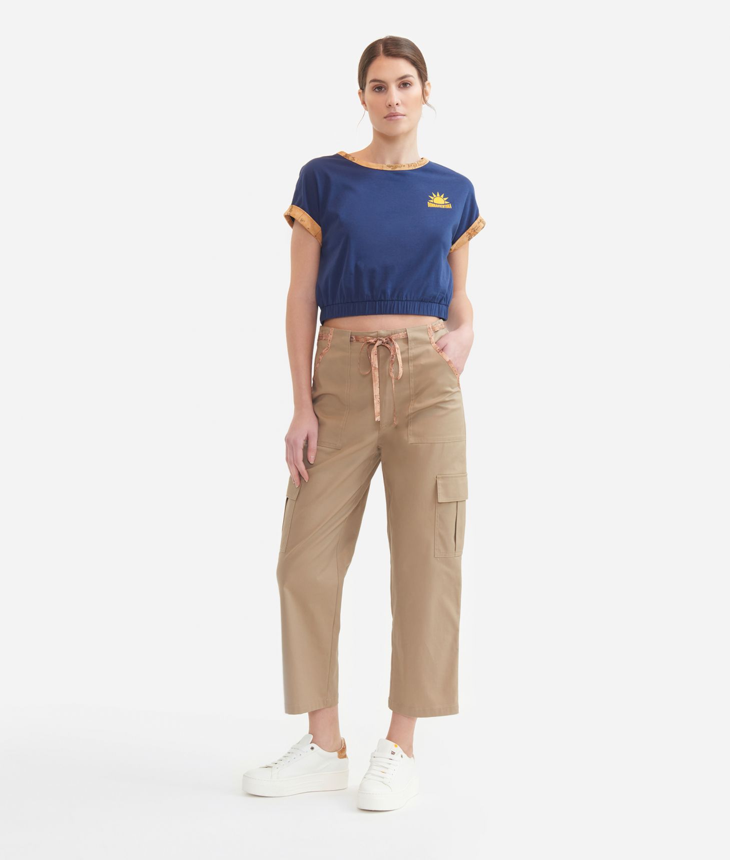 Stretch gabardine cotton trousers with pockets Desert,front