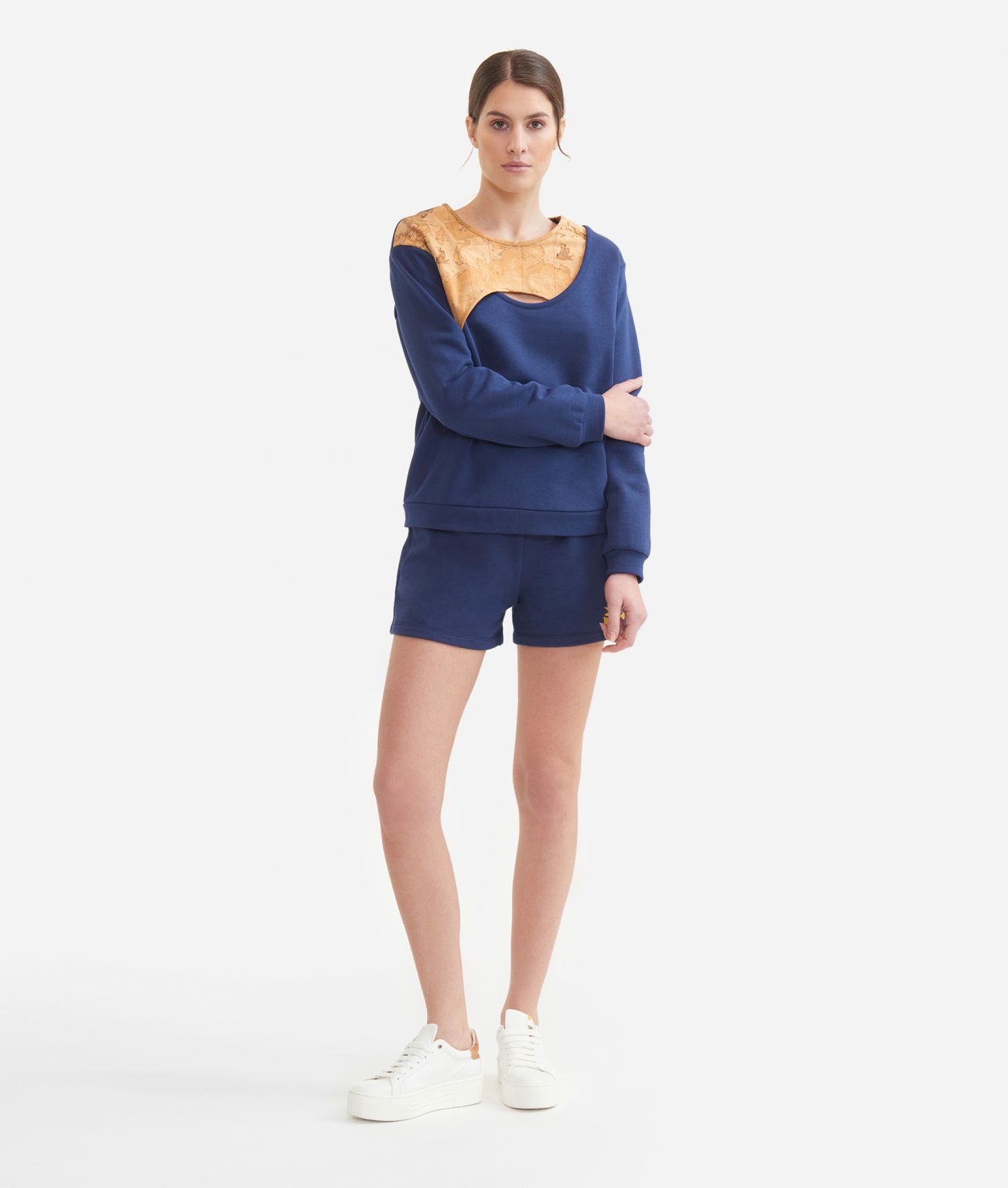 Sweatshirt with front opening detail in fleece cotton Sea Blue,front