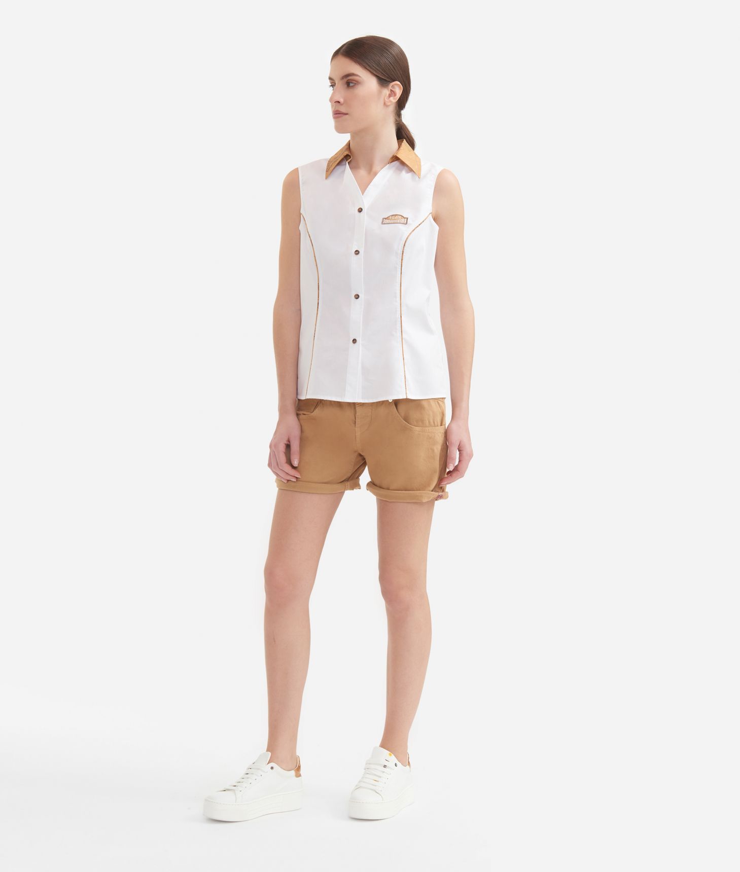 Sleeveless shirt with Geo Classic print collar in crisp cotton poplin White,front