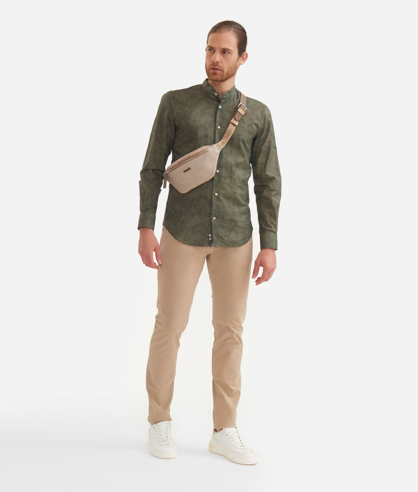 Slim fit cotton shirt with stand-up collar Military Green,front