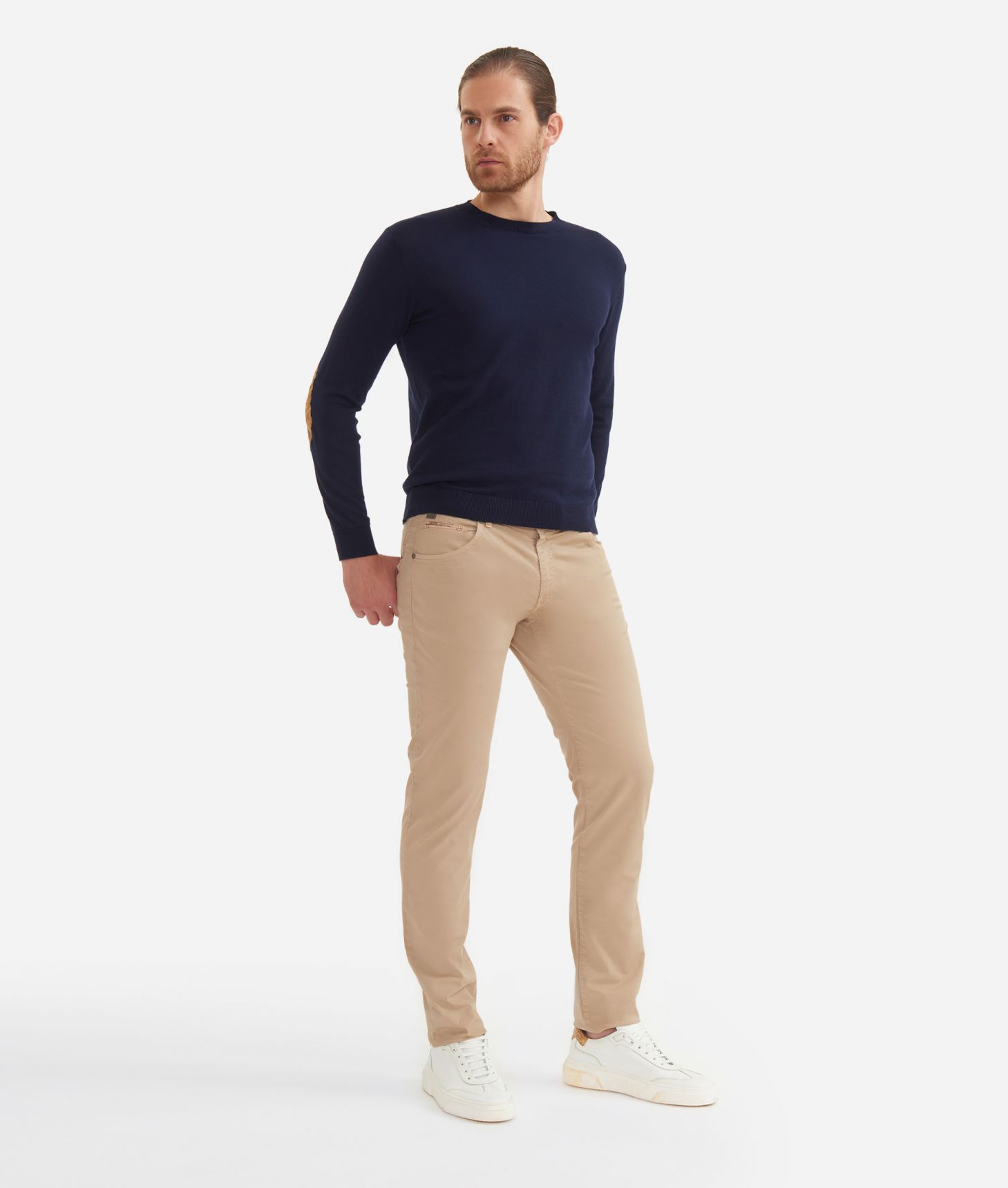 Pantalone 5-tasche slim fit in cotone Sabbia,front