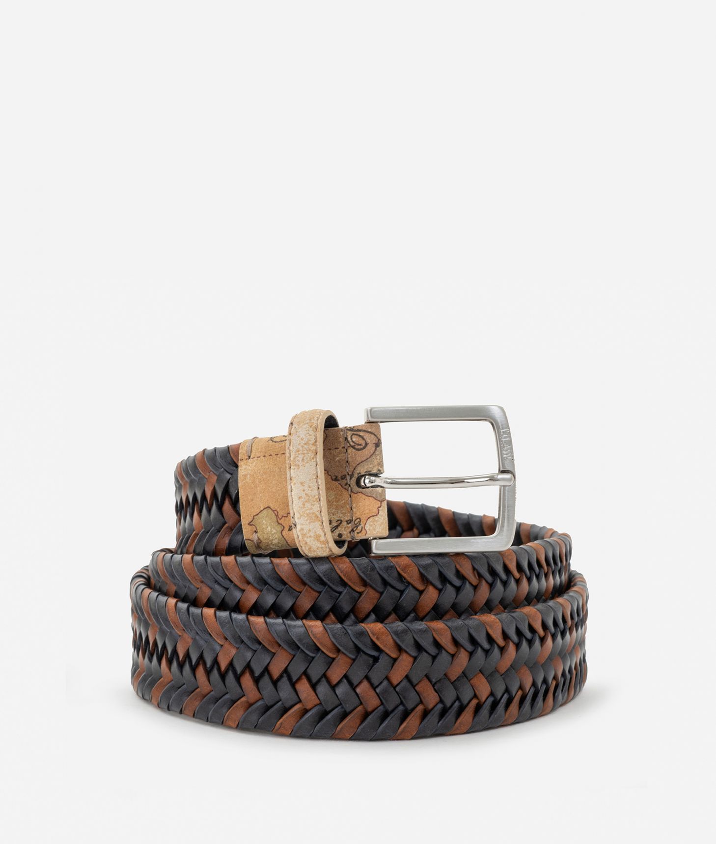 Leather belt with interweaving Blue,front