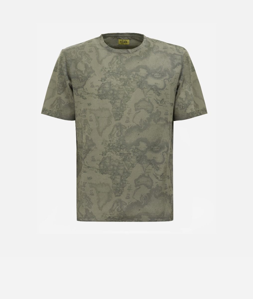 Short-sleeves t-shirt with all-over printed map Military Green,front