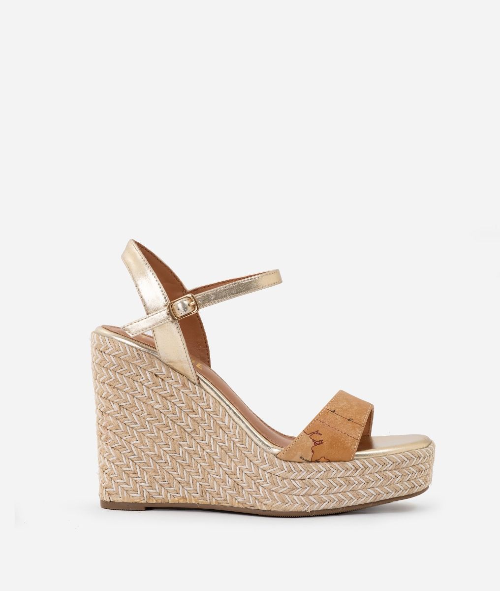 Wedge sandals in Geo Classic print fabric,front