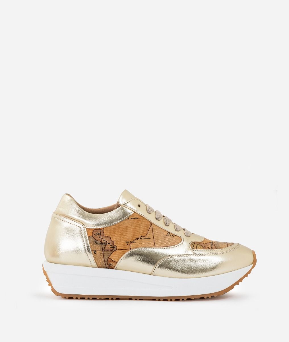 Sneakers in laminated fabric and reps with Geo Classic print Platinum,front