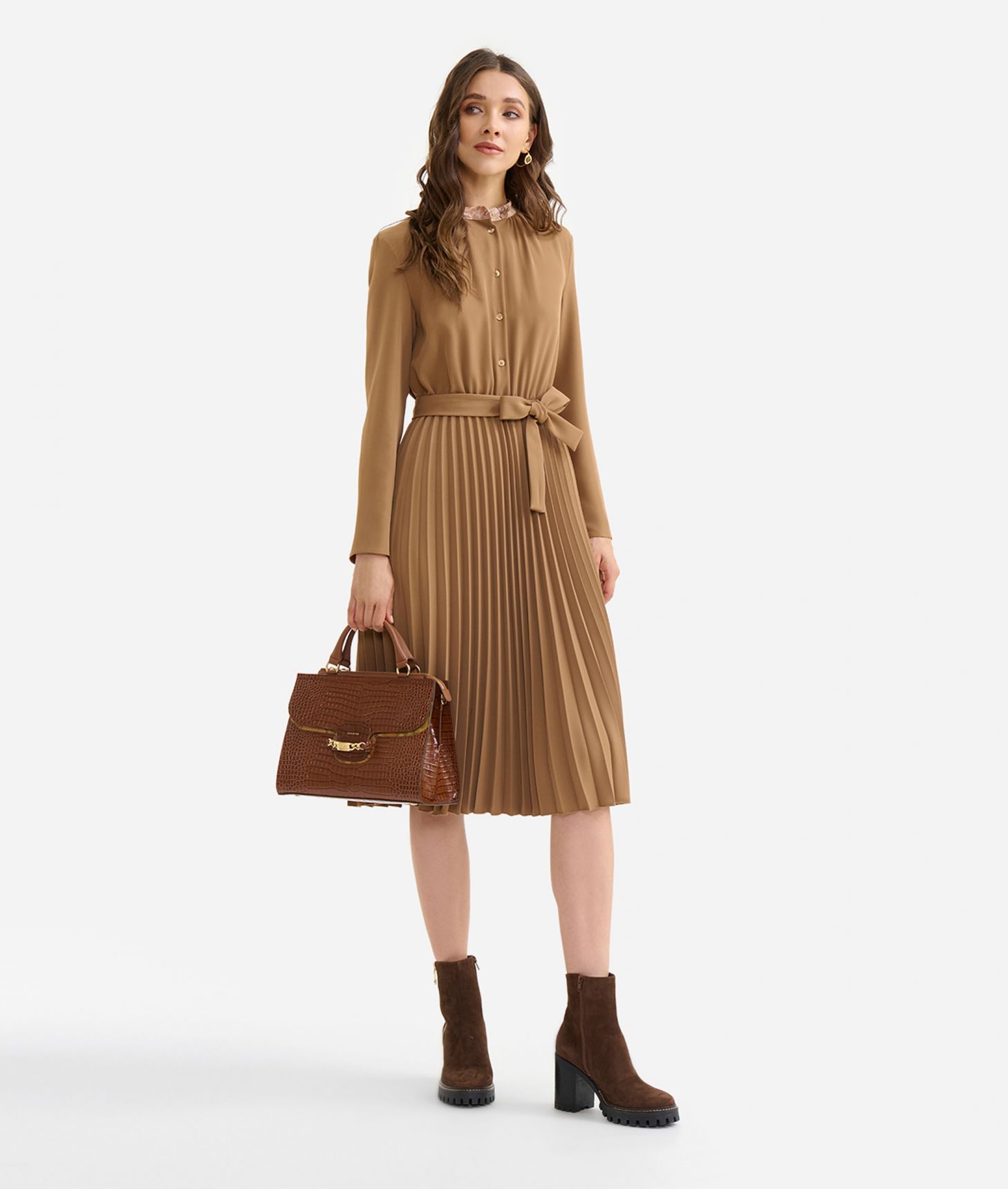 Winter cady dress with pleated skirt Camel,front