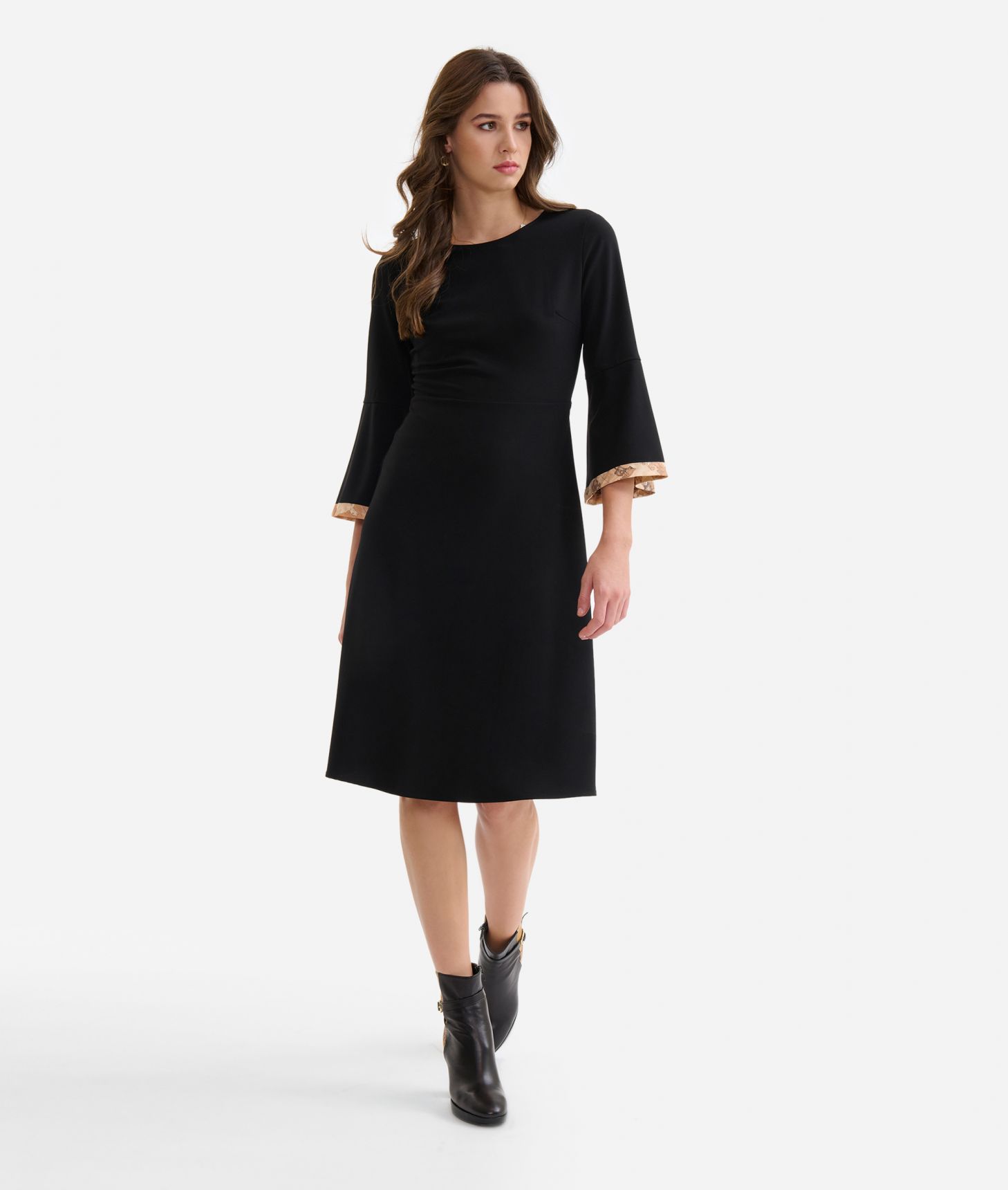 Stretch fabric bell-sleeved dress Black,front