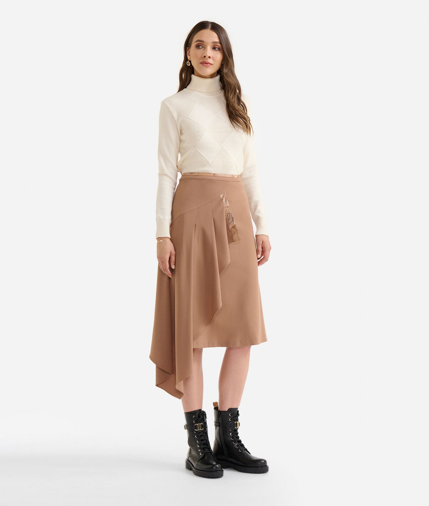 Stretch fabric asymmetrical skirt with flounce Camel,front