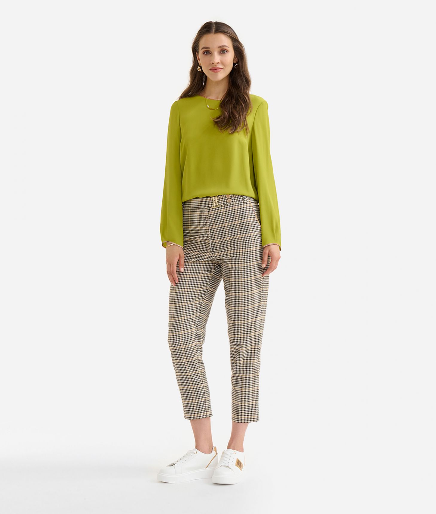 Stretch fabric houndstooth trousers with 1C accessory Green,front