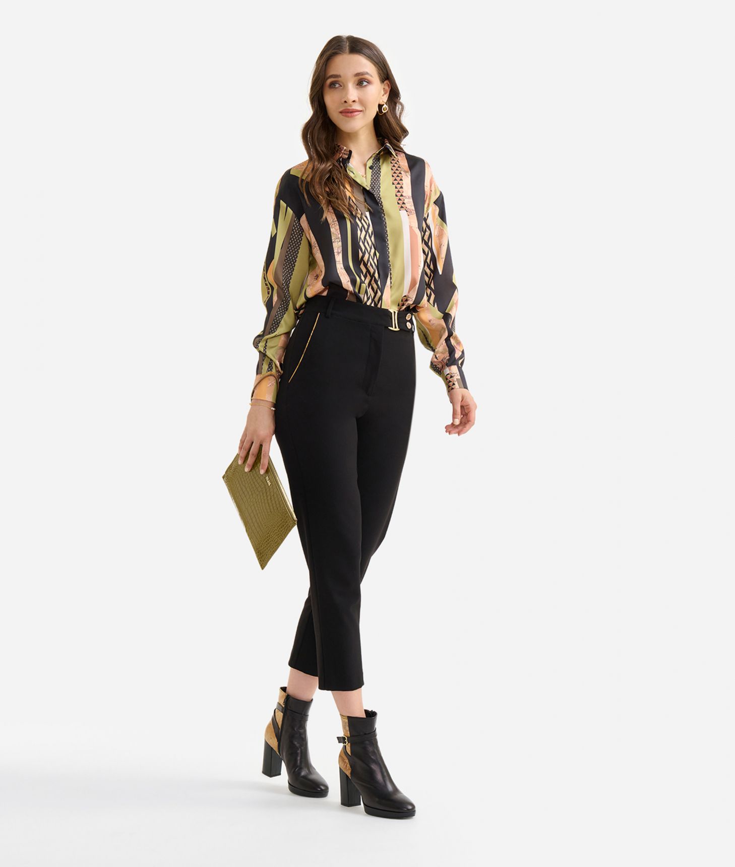 Twill long shirt with Geo-metric print Green,front