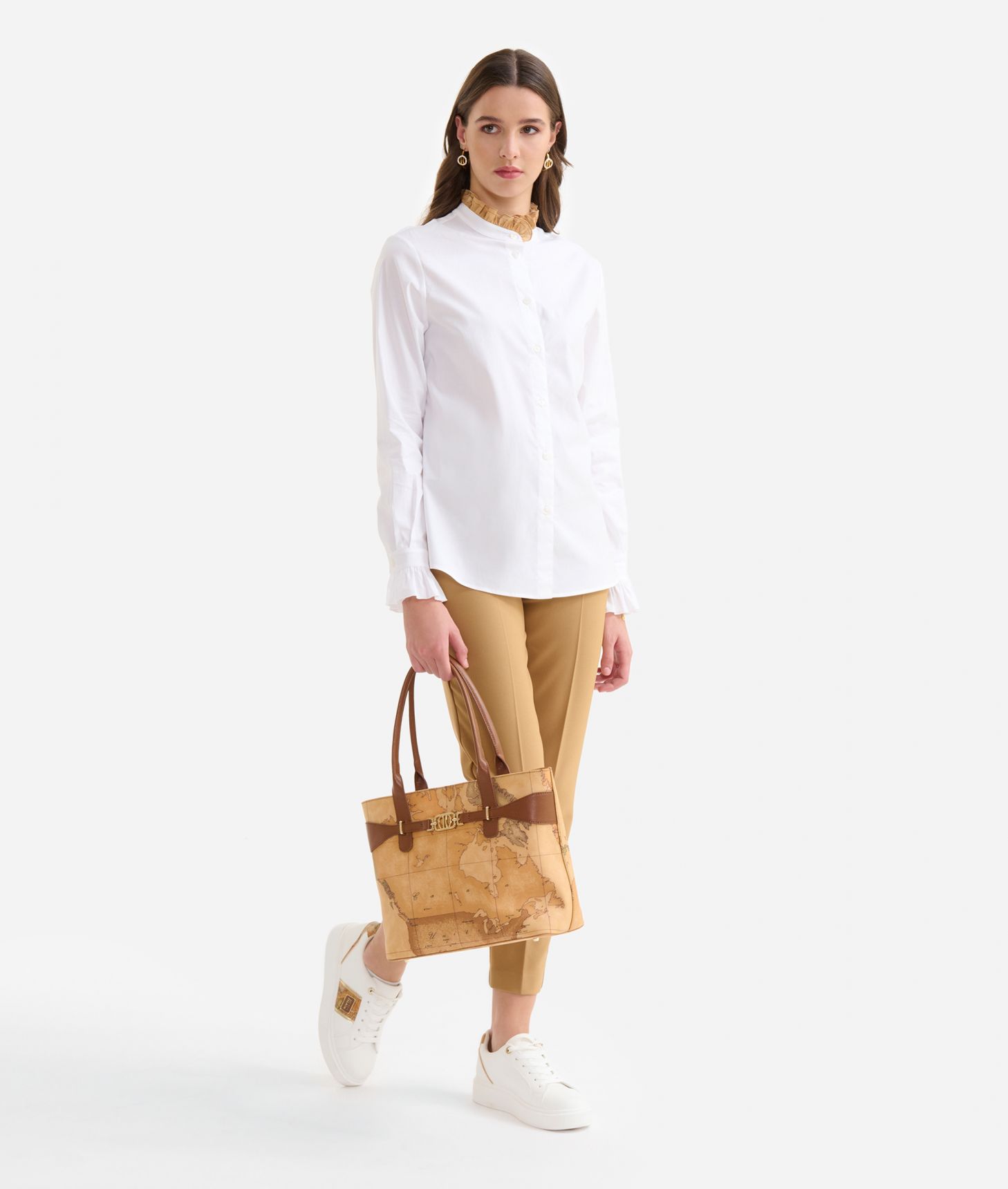 Stretch cotton poplin shirt with frills White,front