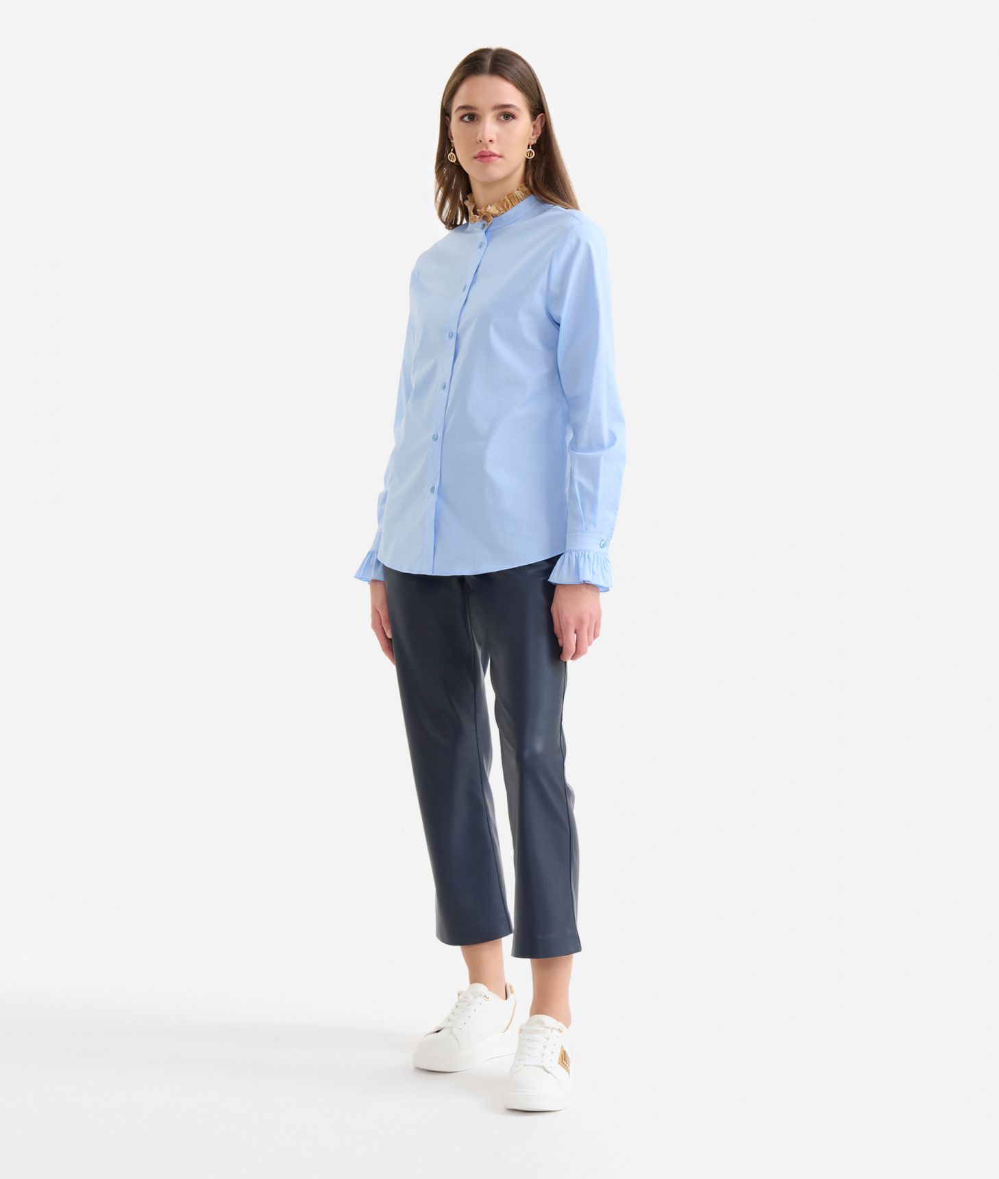 Stretch cotton poplin shirt with frills Sky Blue,front