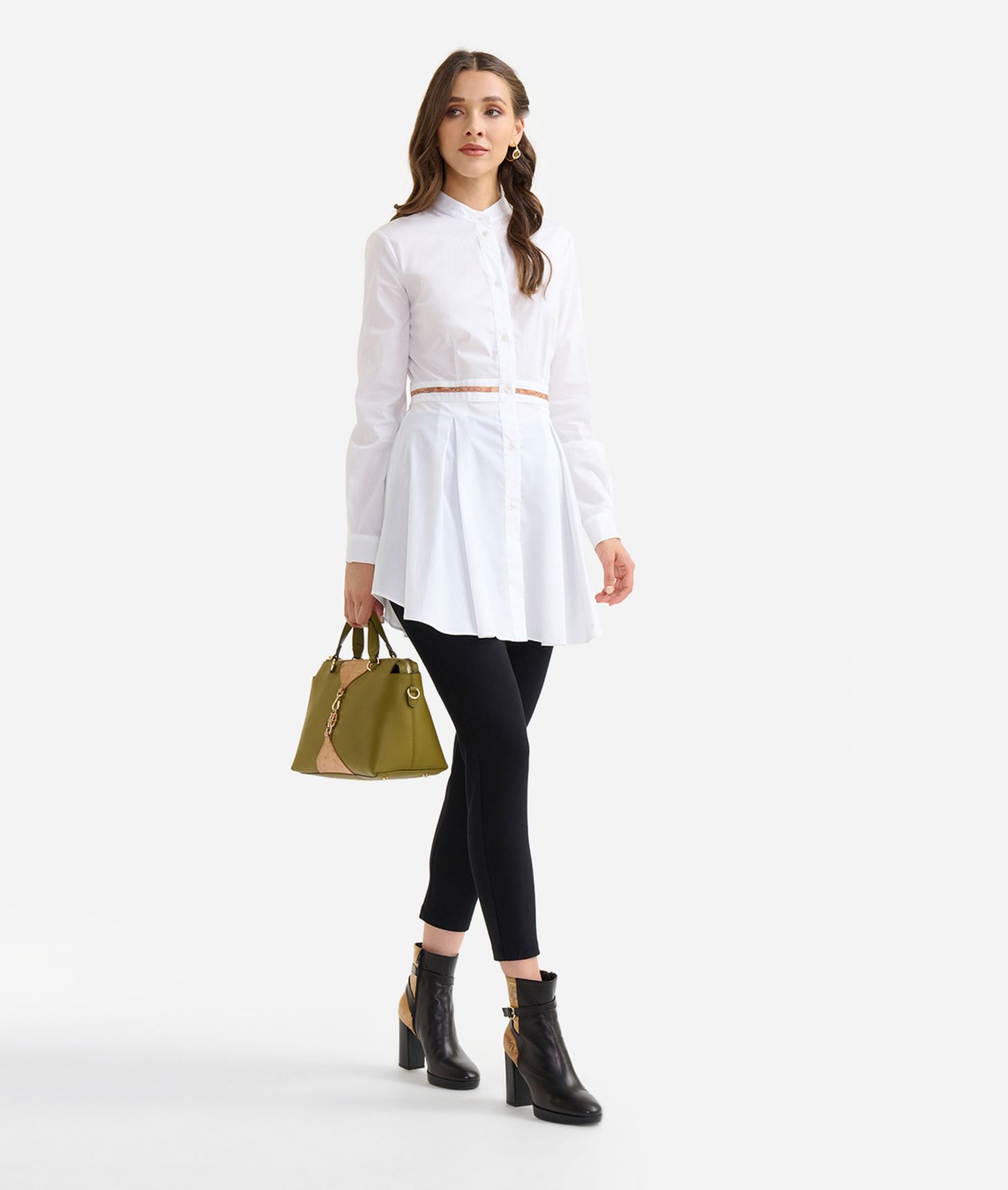 Stretch cotton poplin shirt with belt motif White,front
