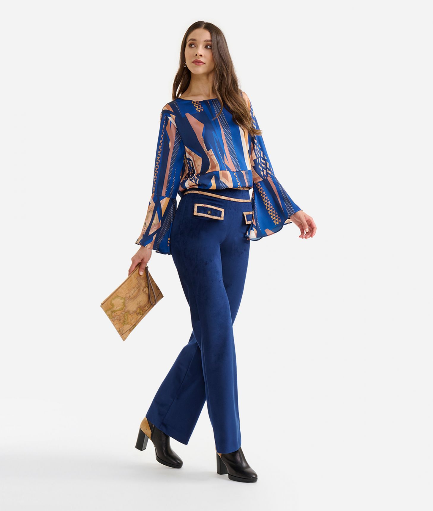 Twill blouse with bell sleeves with Geo-metric print Dark Blue,front