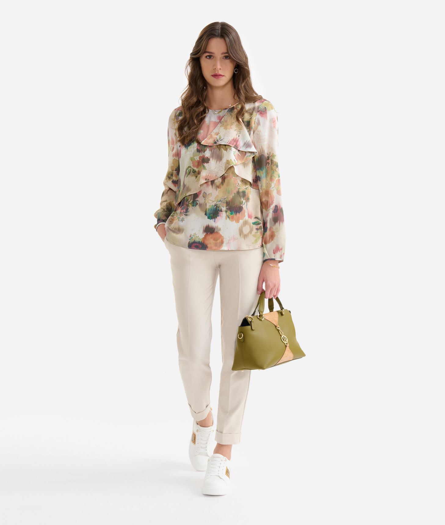 Twill blouse with Geo Watercolour print with flounce Pink,front