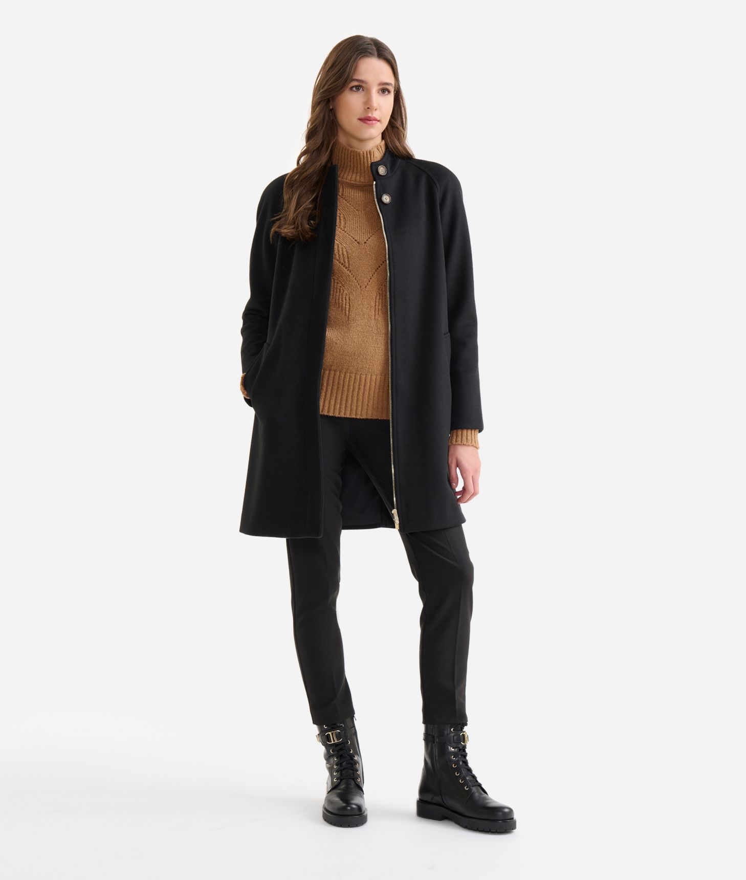 Midi-length velour coat with belt Black,front