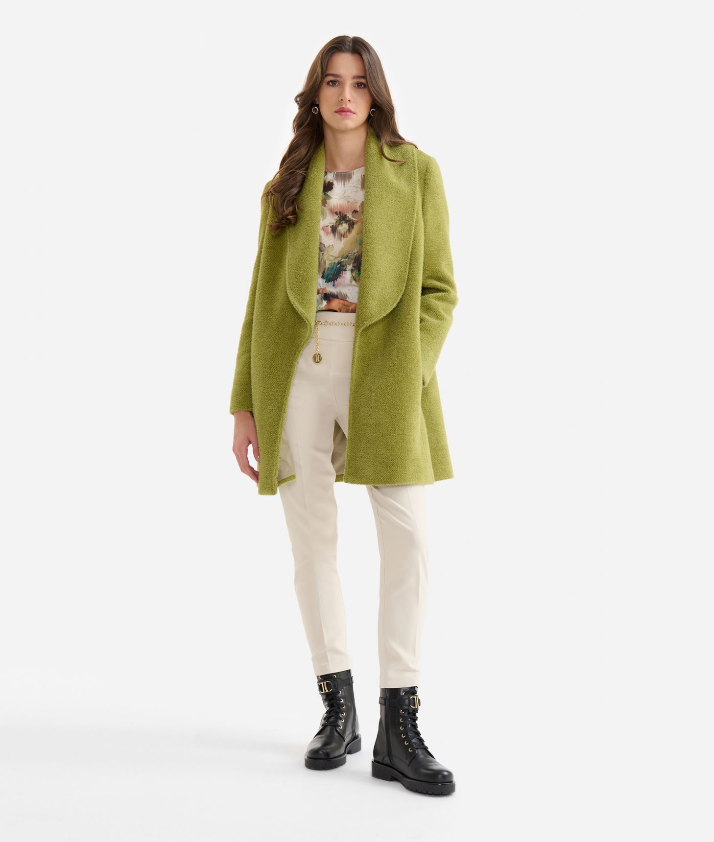 Honeycomb fabric pea coat with shawl collar Topaz Green,front