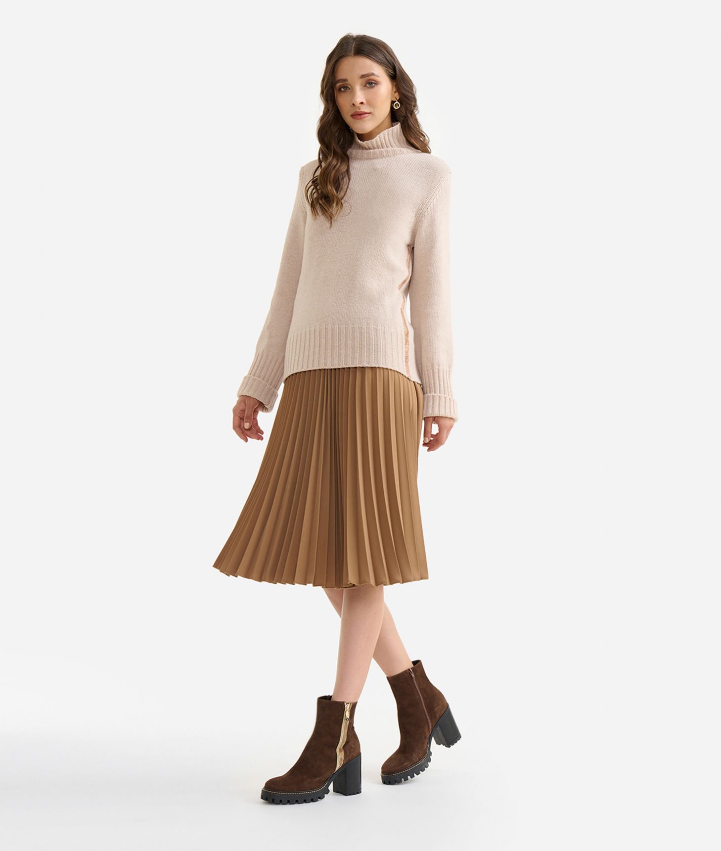 Basic high-neck sweater in cashmere blend yarn Beige,front