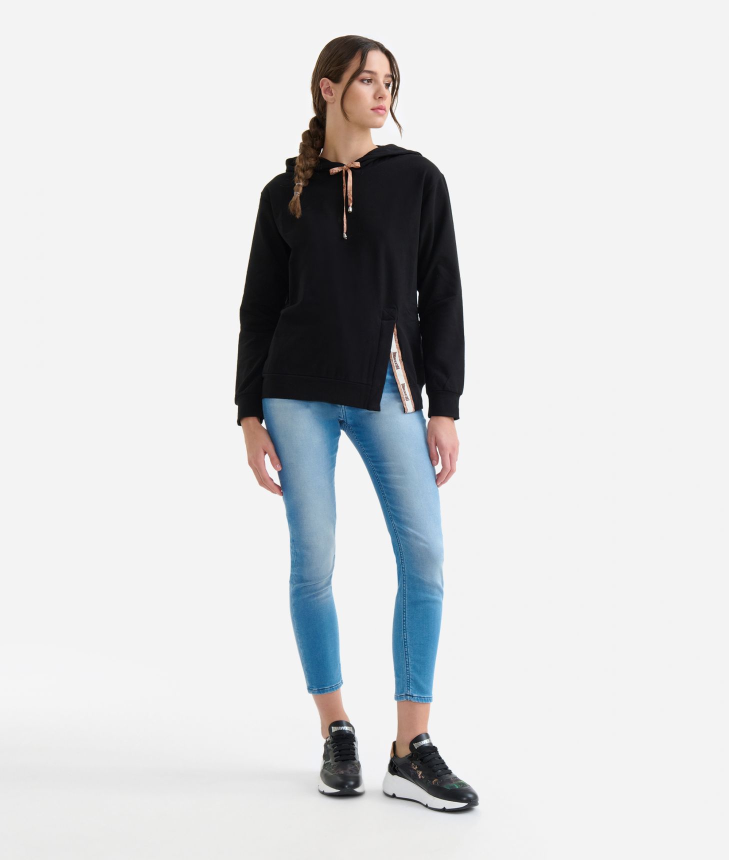 Stretch cotton hoodie with slit detail Black,front