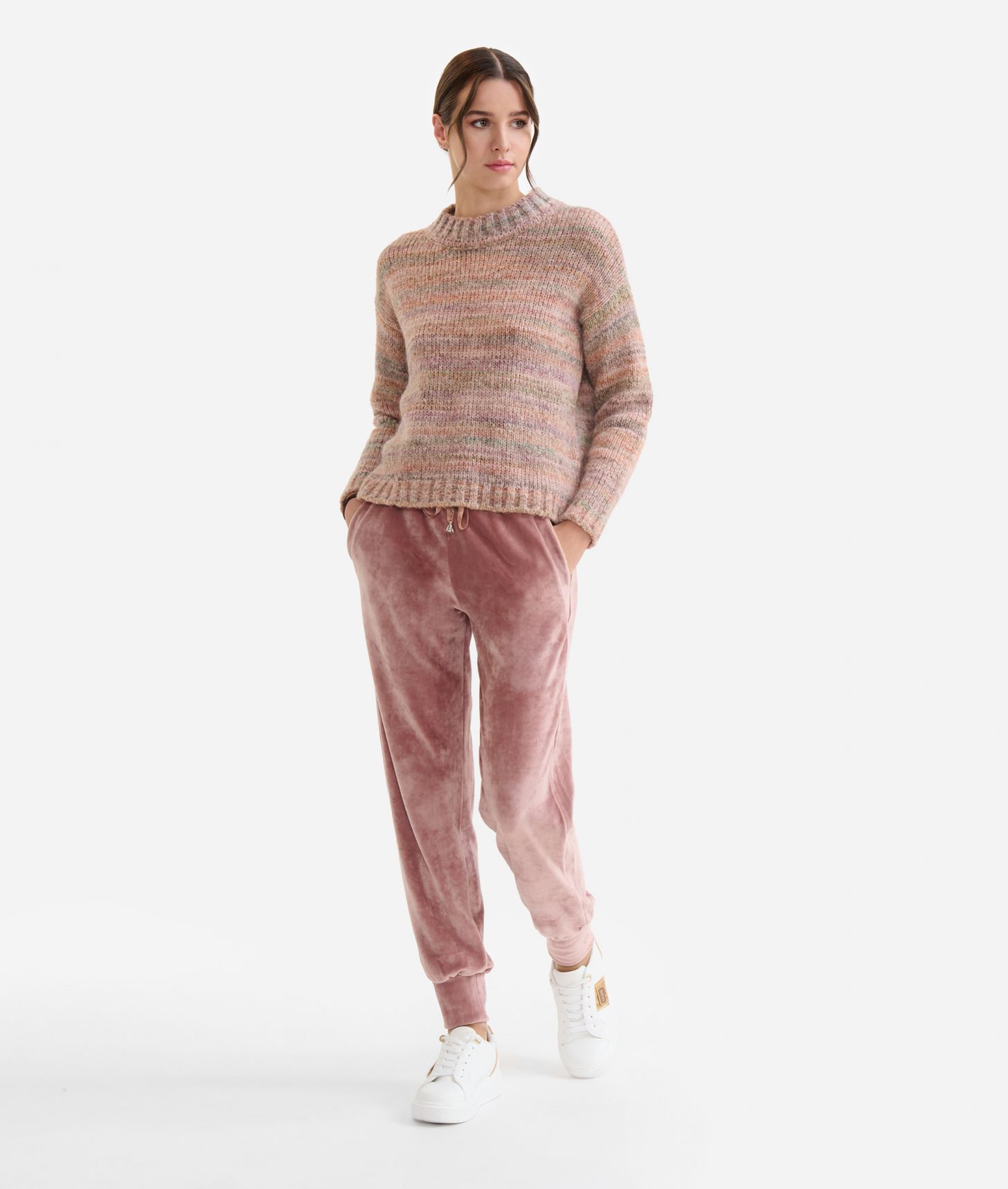 Wool blend yarn crew-neck sweater with multicolor pattern Boreal Pink,front