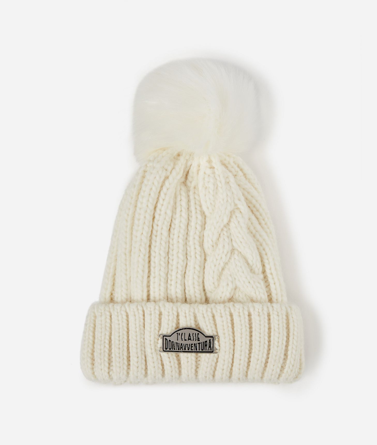 Wool blend beanie with braid cable detail and pom-pom Milk White,front