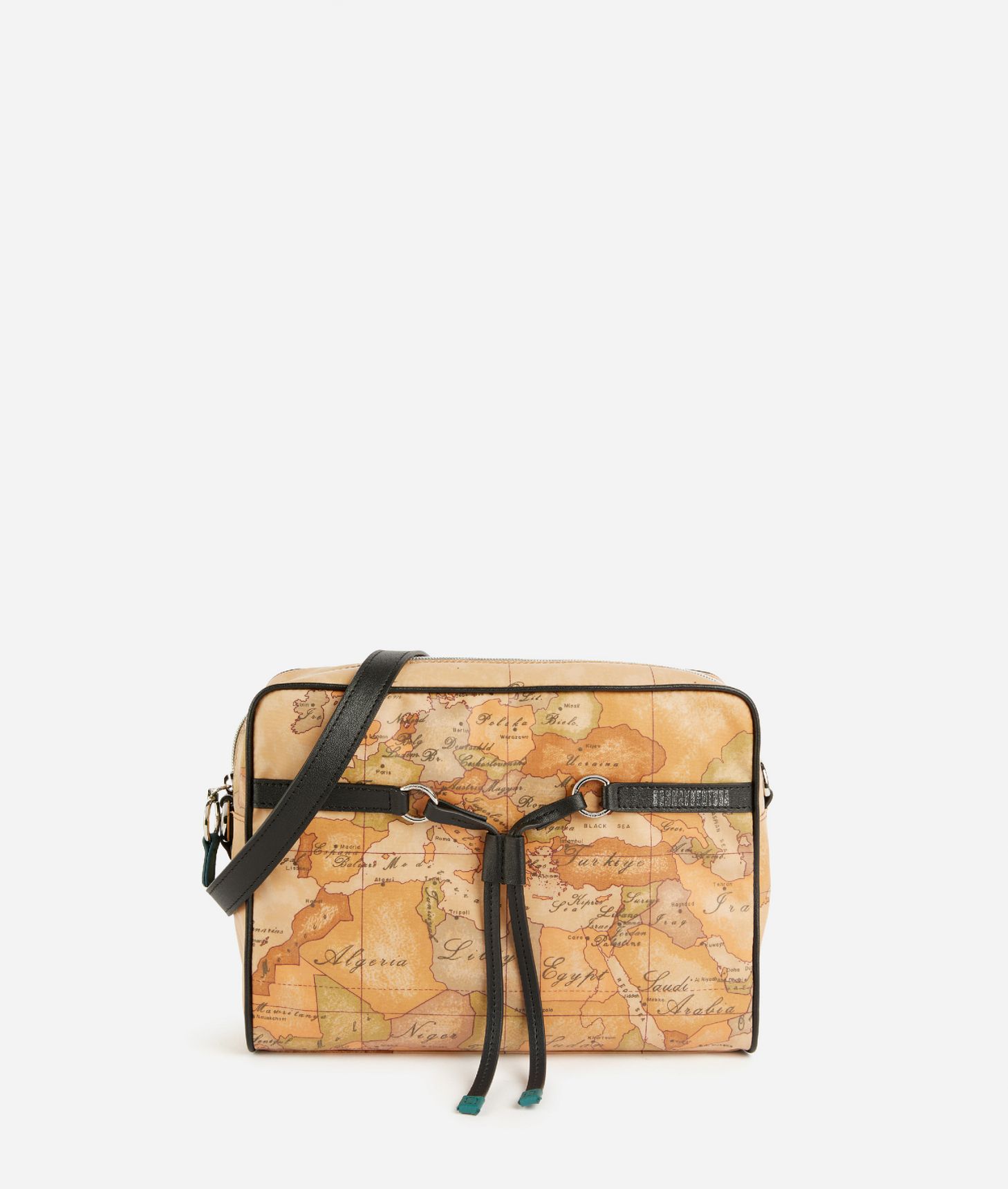 Reporter crossbody bag in soft fabric with Geo Classic print Black,front