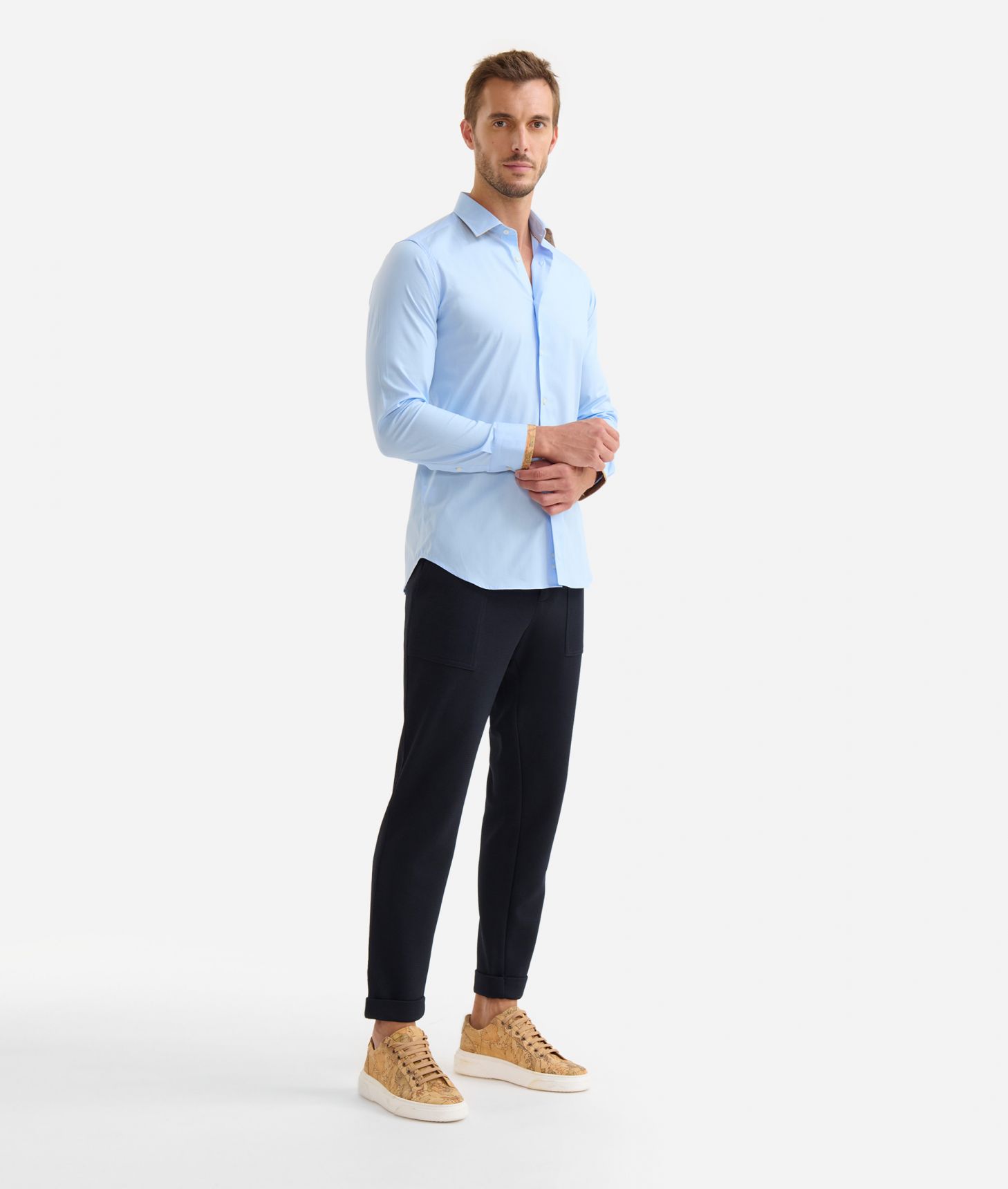 Slim fit cotton shirt with Geo Classic sleeve trim Light Blue,front