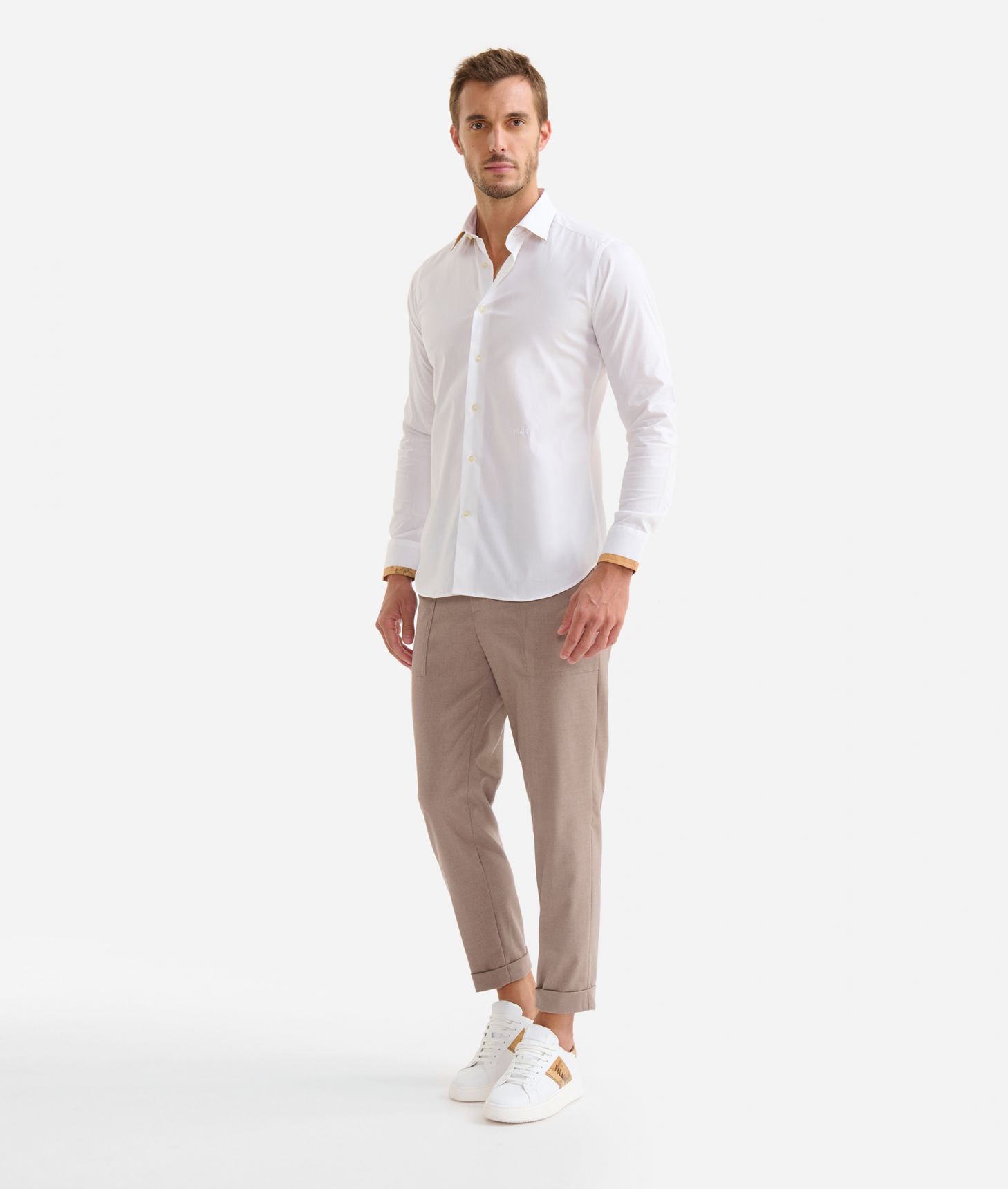 Slim fit cotton shirt with Geo Classic sleeve trim White,front
