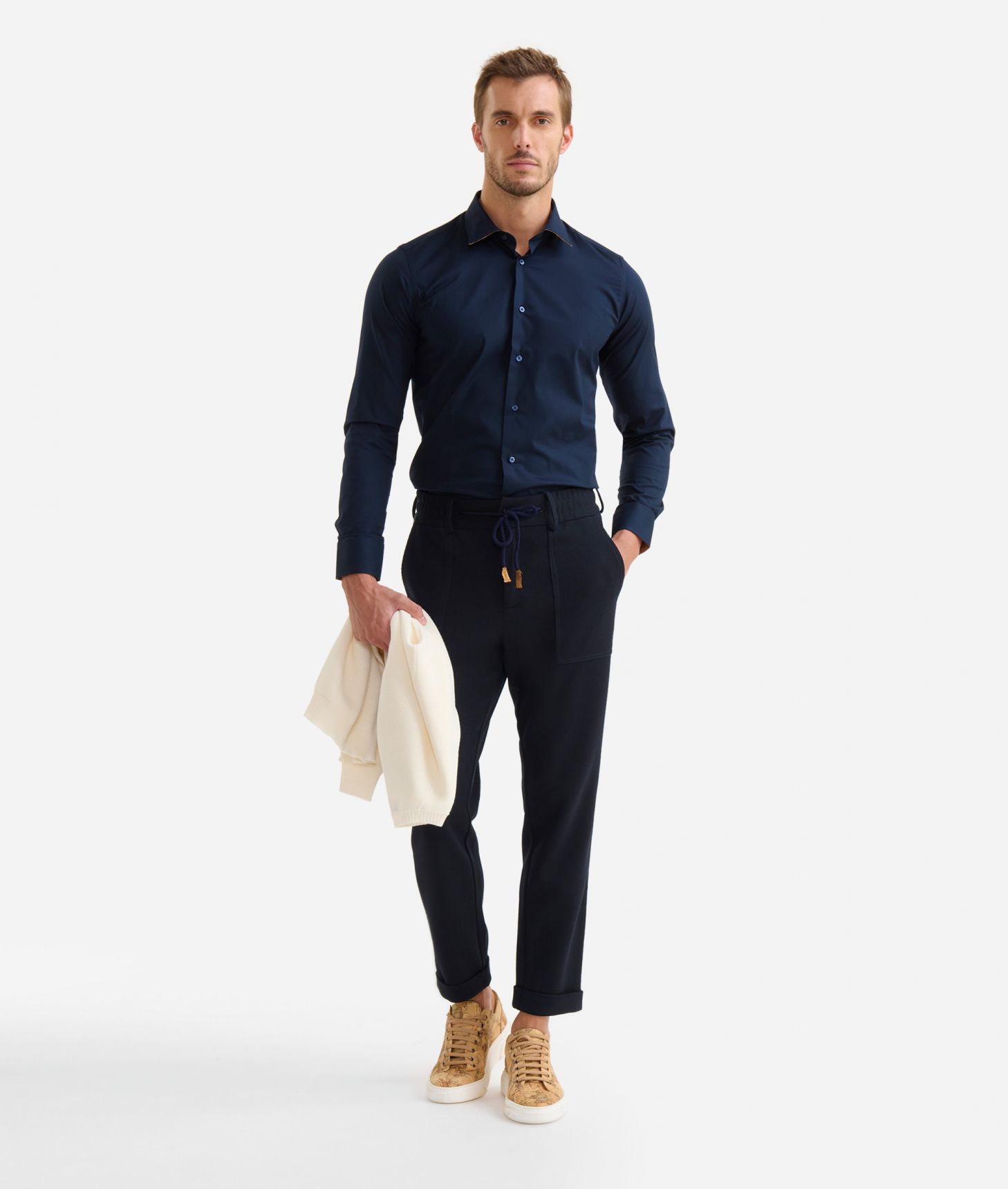 Camicia slim fit in cotone con toppe Blu Navy,front