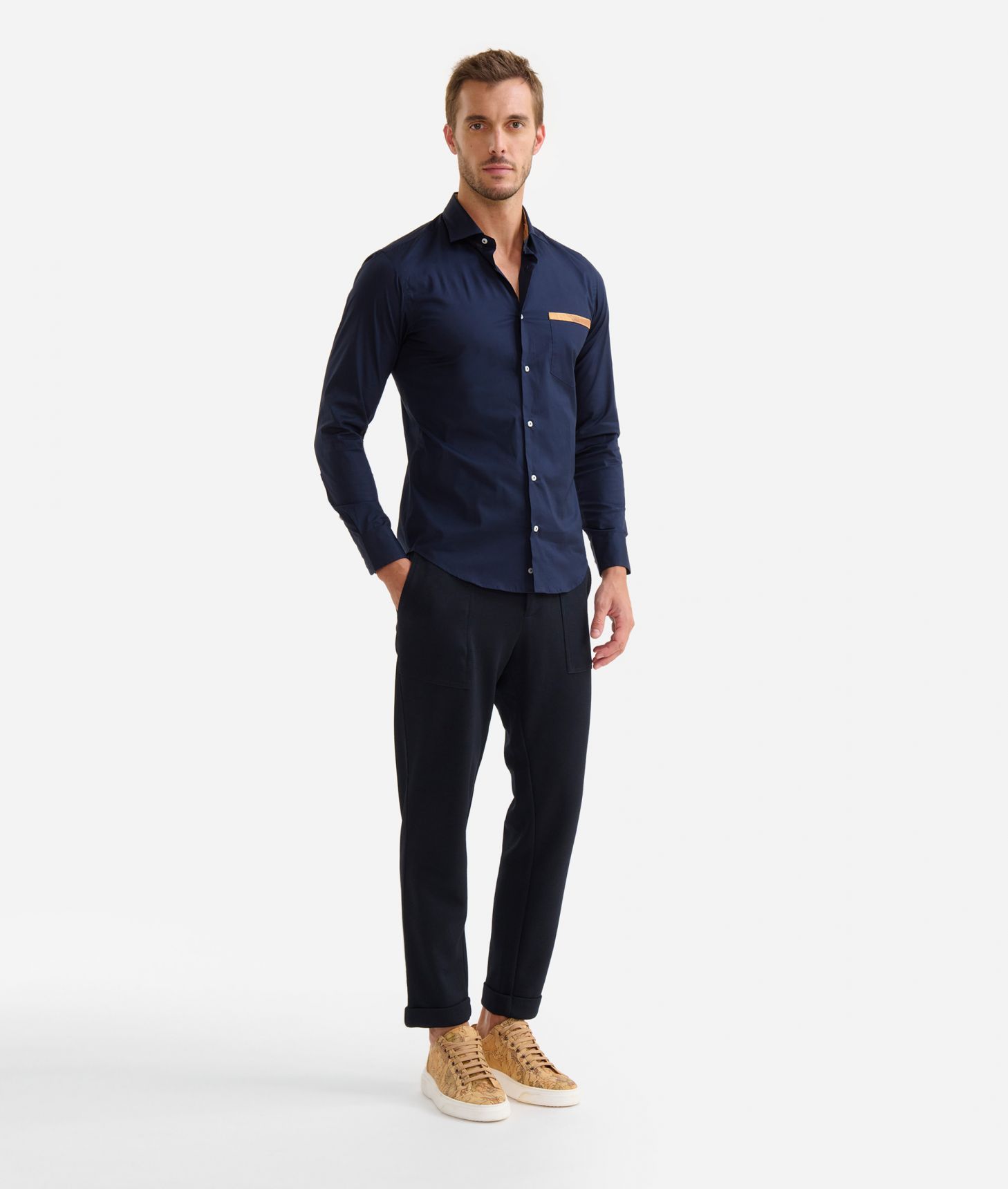 Slim fit cotton shirt with pocket detail Navy Blue,front