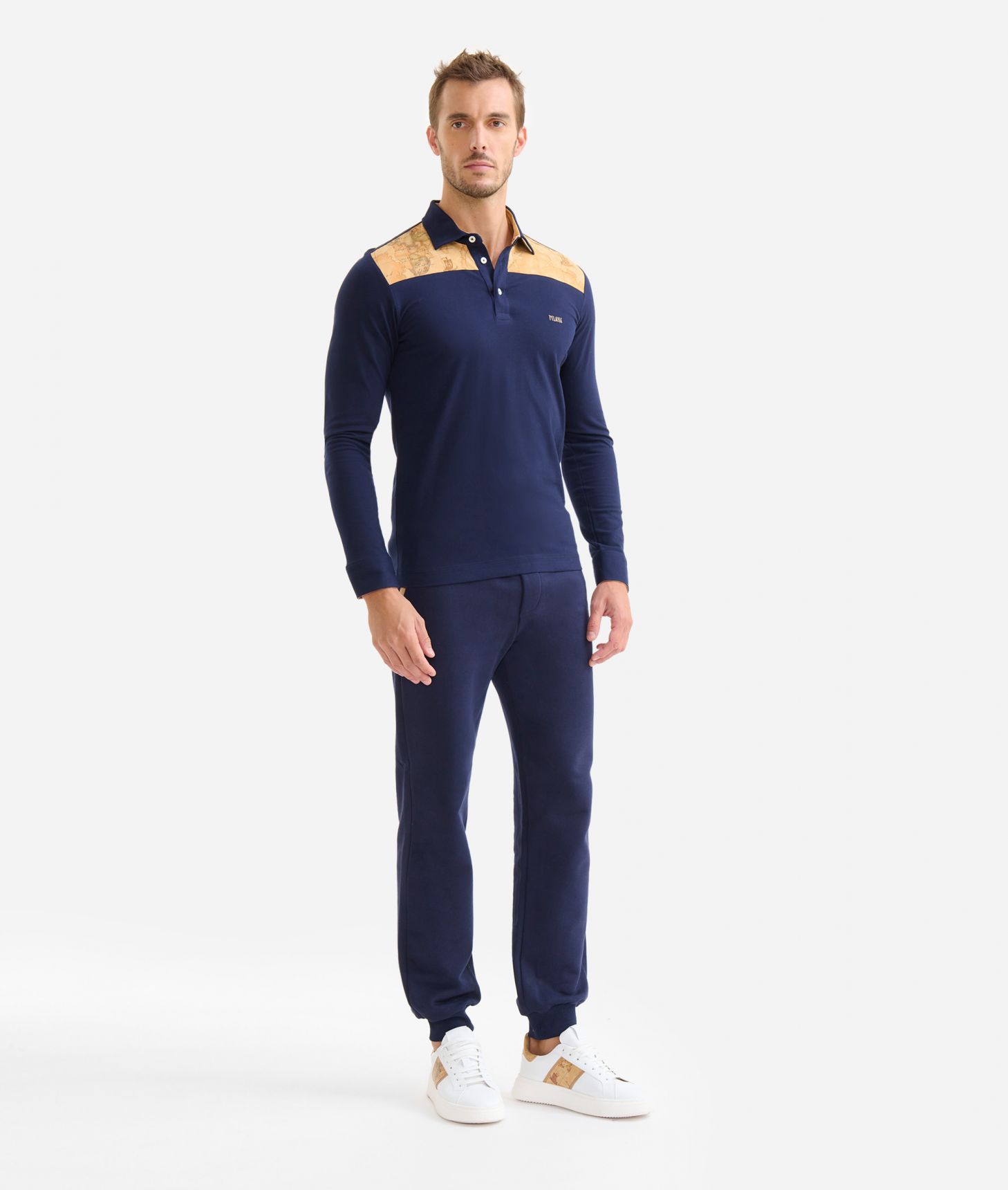 Long-sleeved cotton polo shirt Navy Blue,front