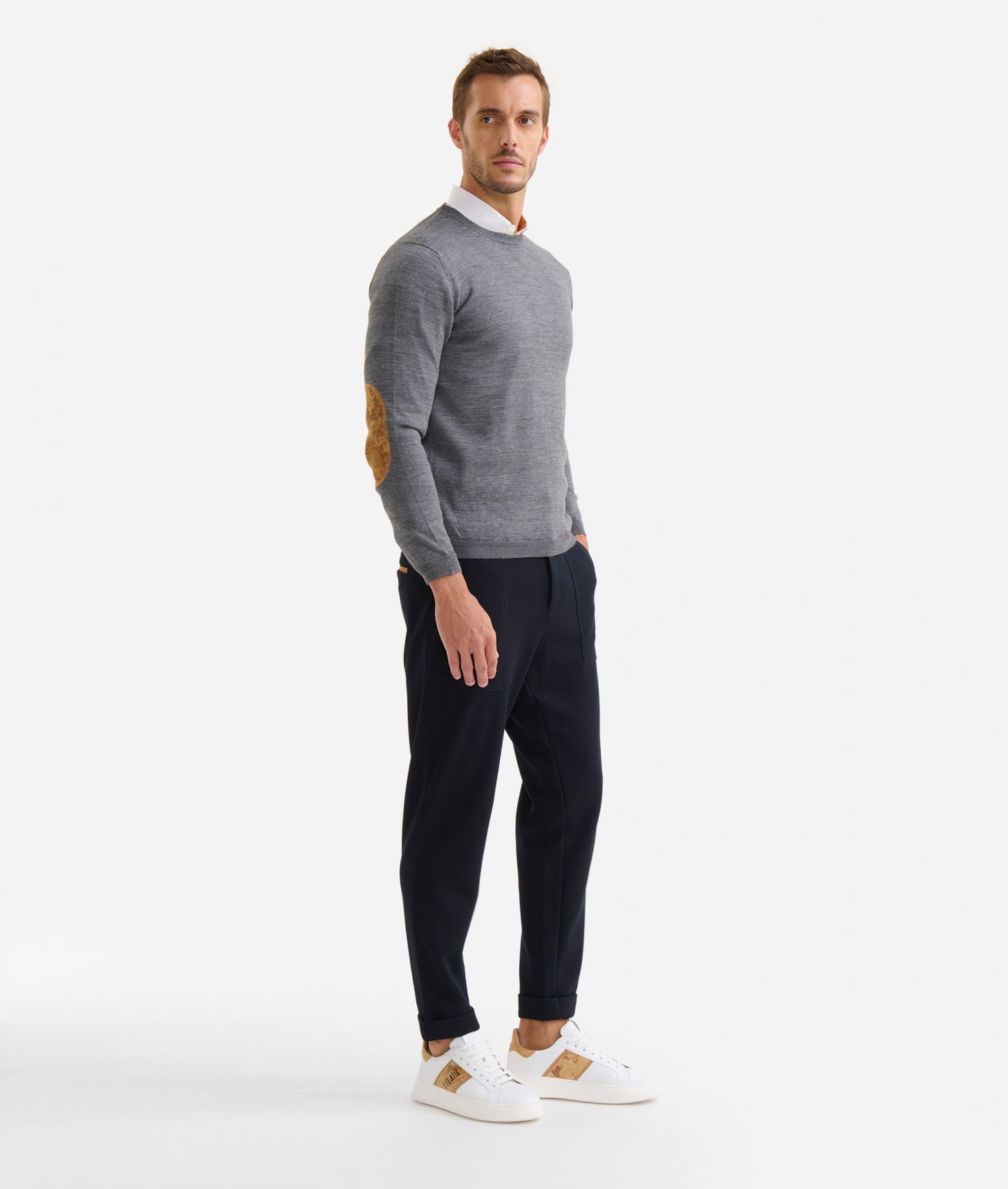 Wool blend crewneck sweater with patches Grey,front