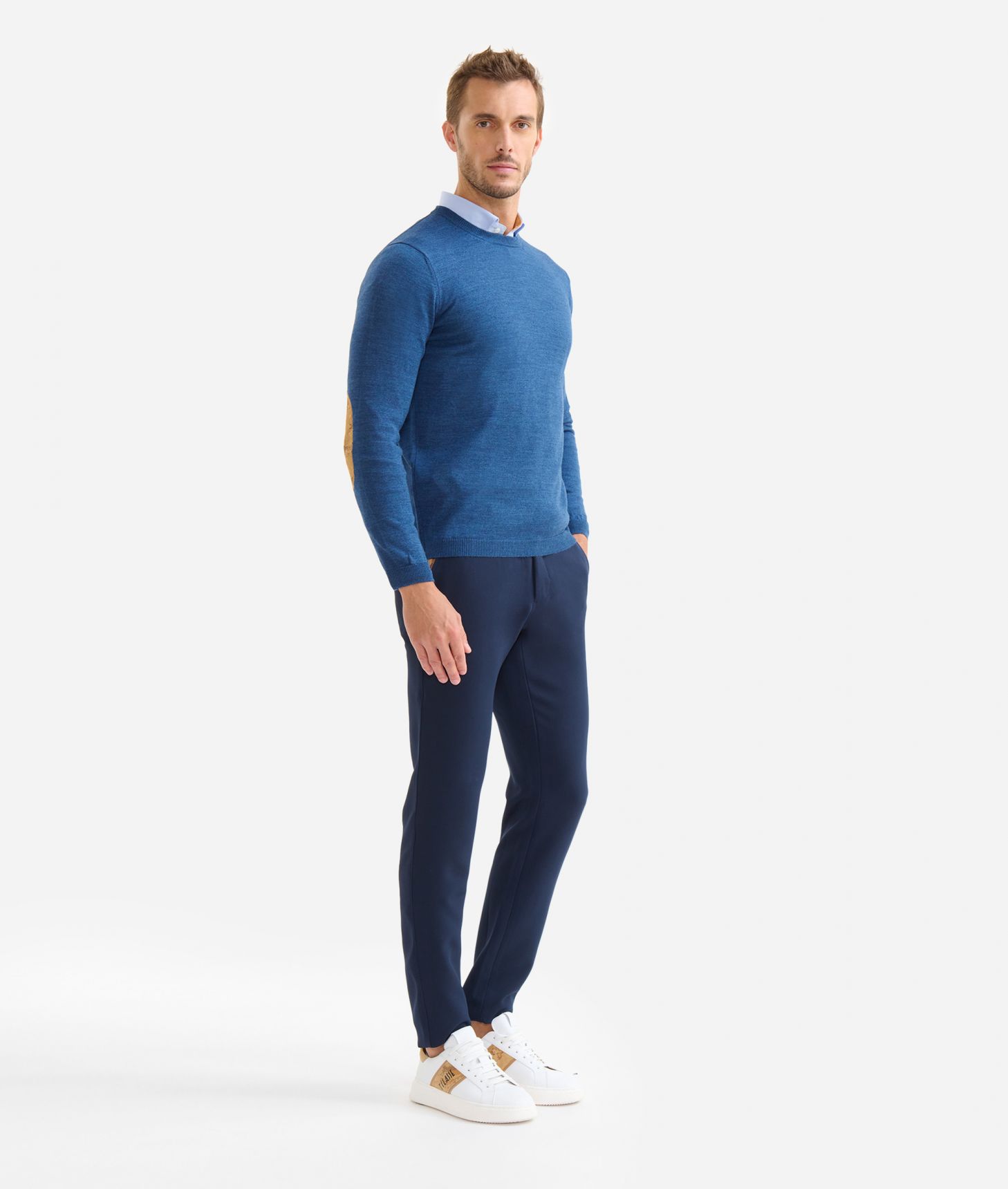 Wool blend crewneck sweater with patches Denim,front