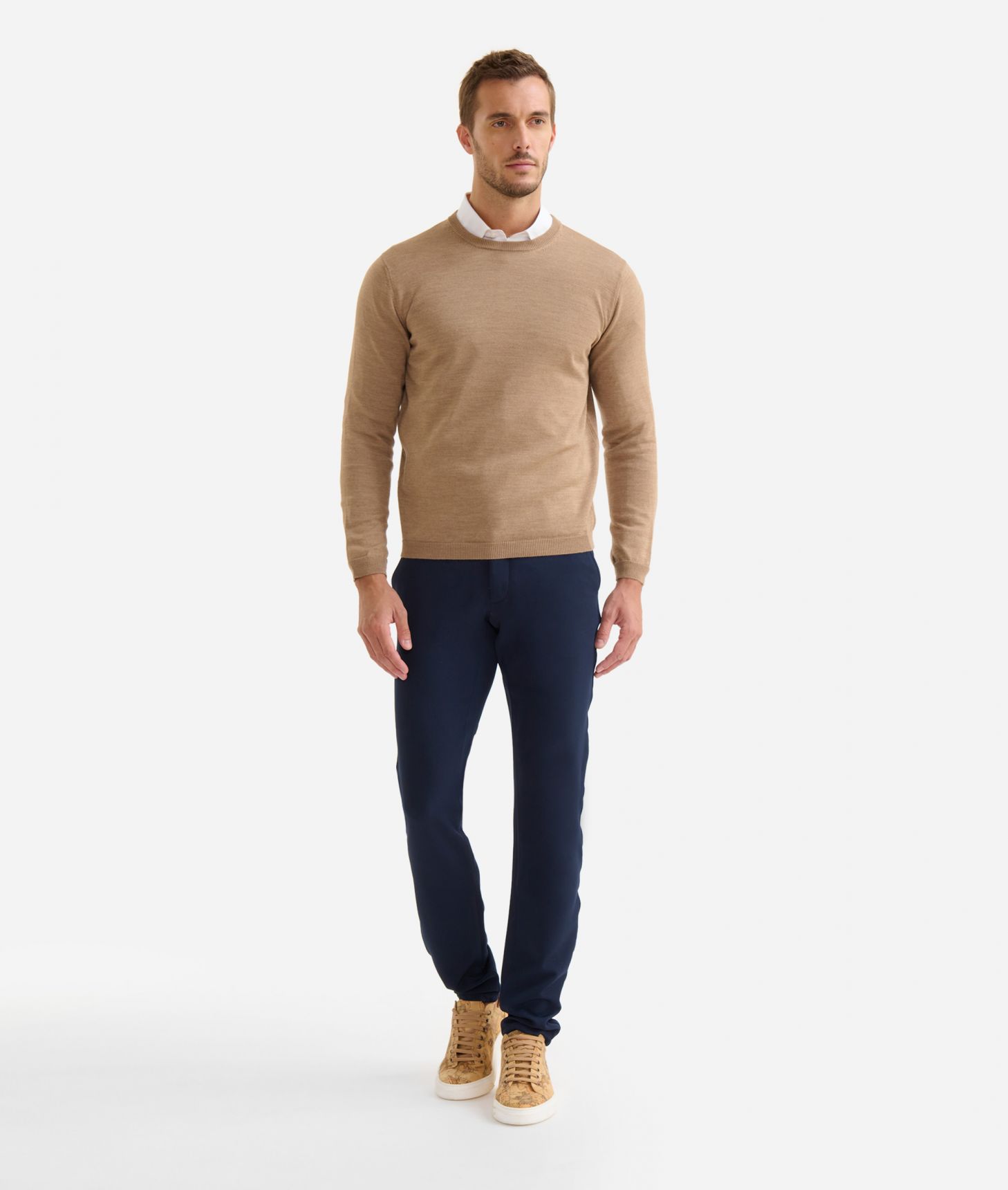 Wool blend crewneck sweater with patches Walnut,front