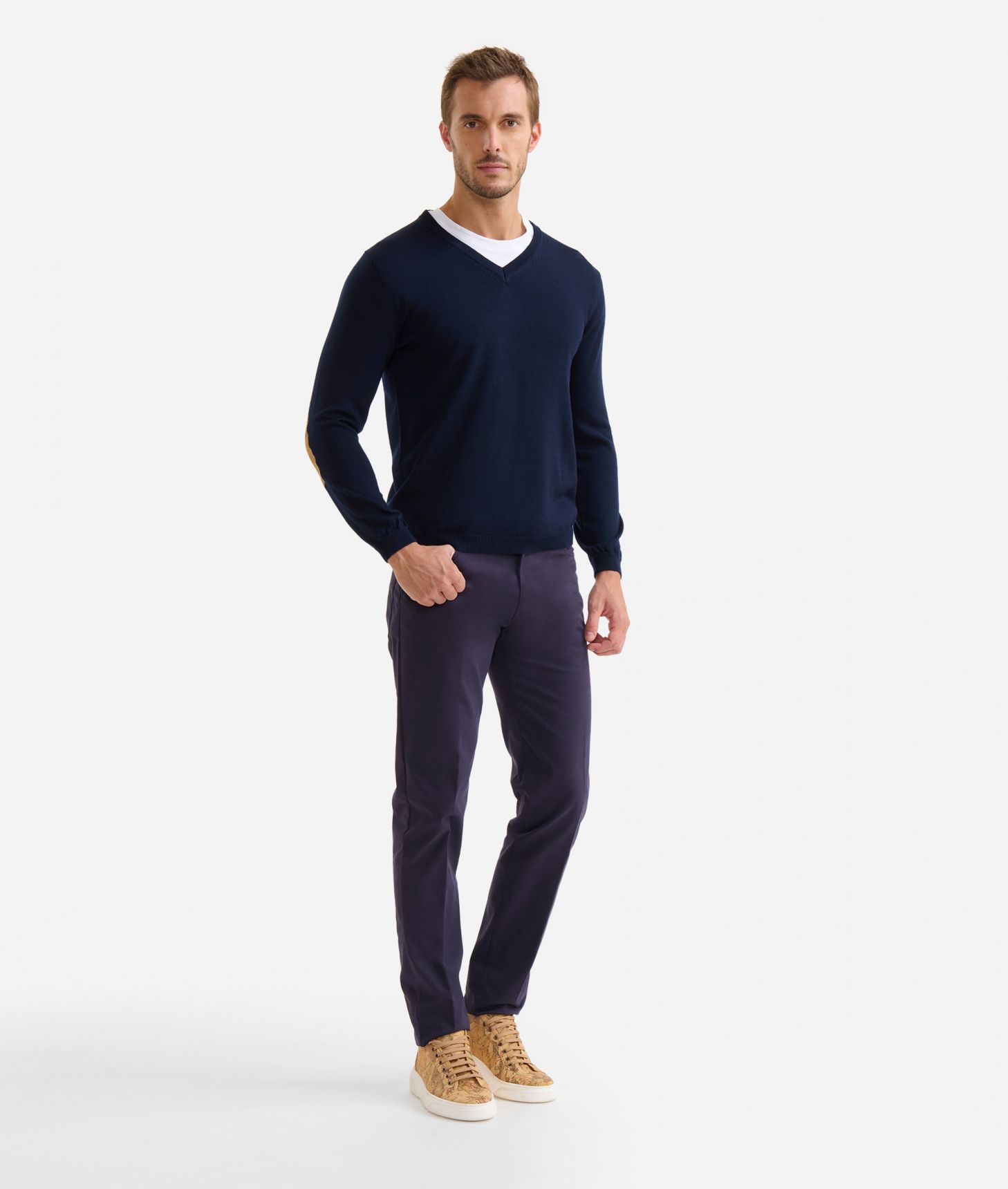 Wool blend v-neck sweater with elbow patches Night Blue,front