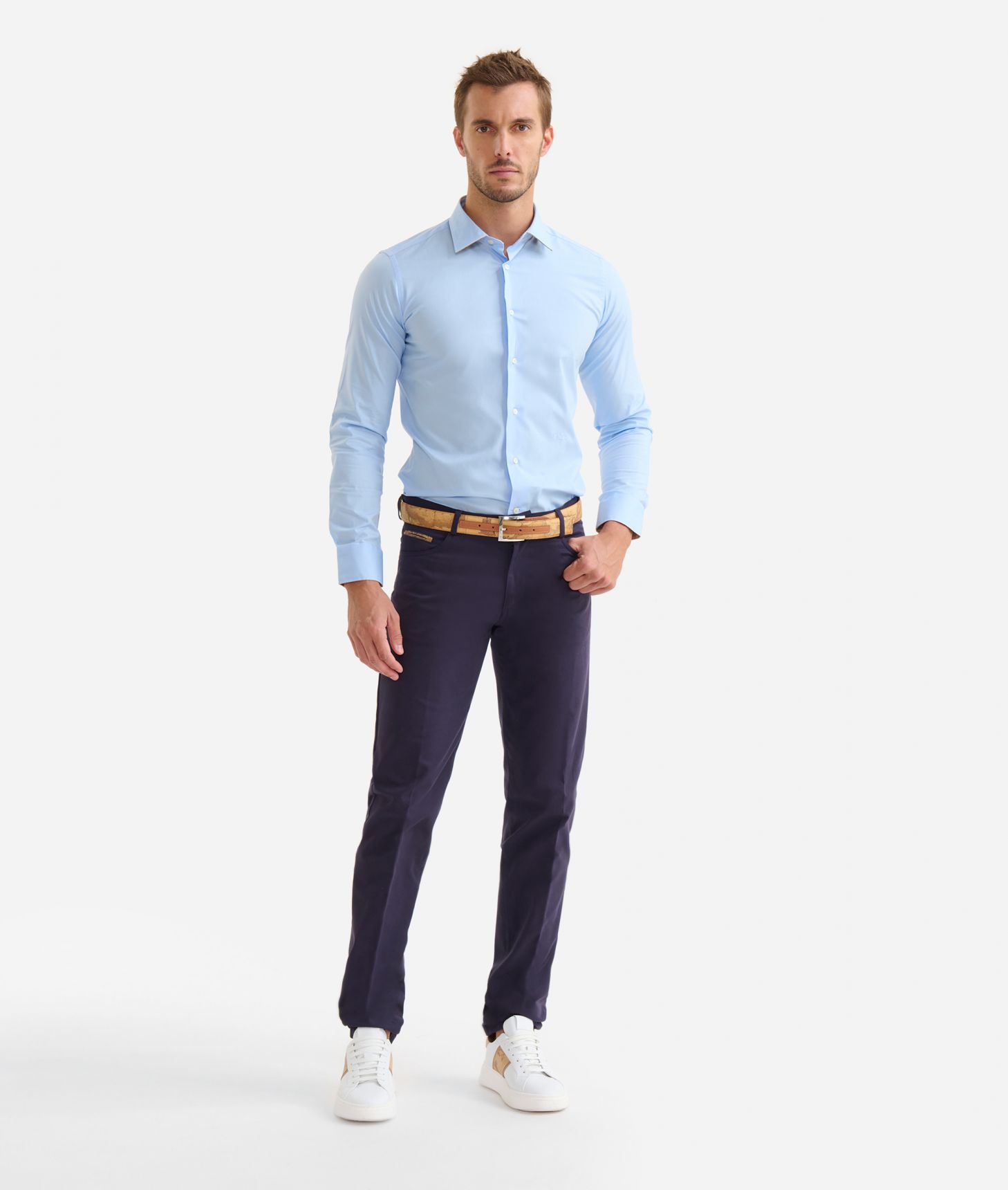 Pantaloni 5 tasche slim in cotone Blu Navy,front