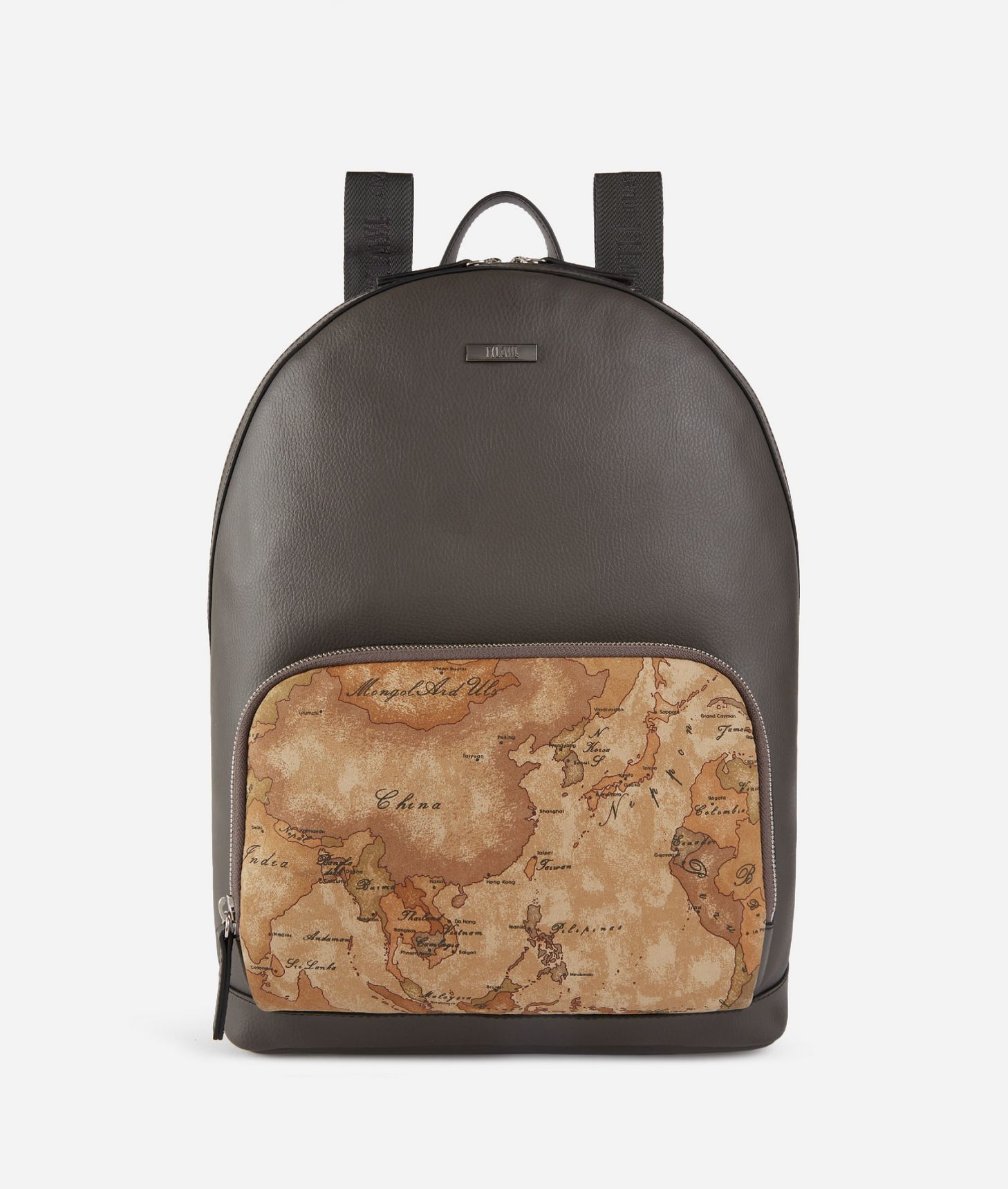 Faux grainy leather backpack with Geo Safari details Graphite,front