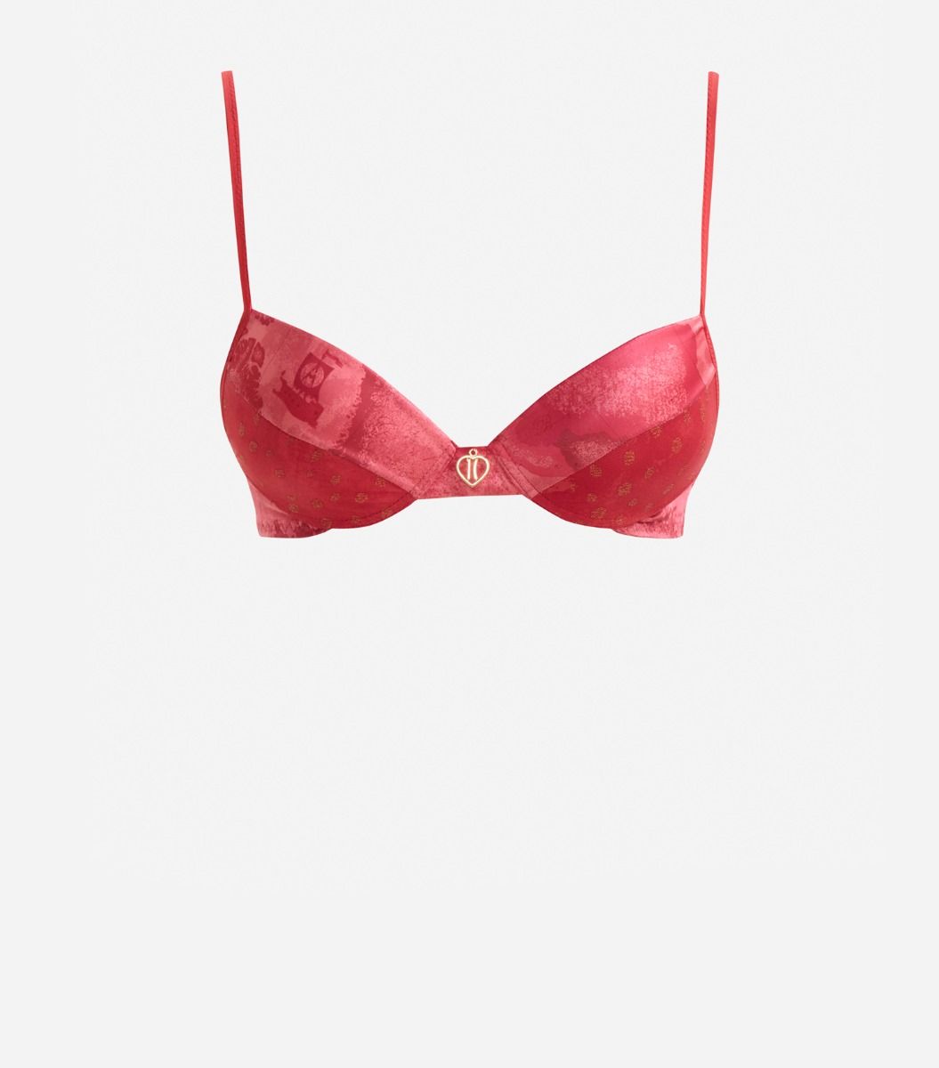 Print satin and tulle fabric push-up bra Dark Red,front