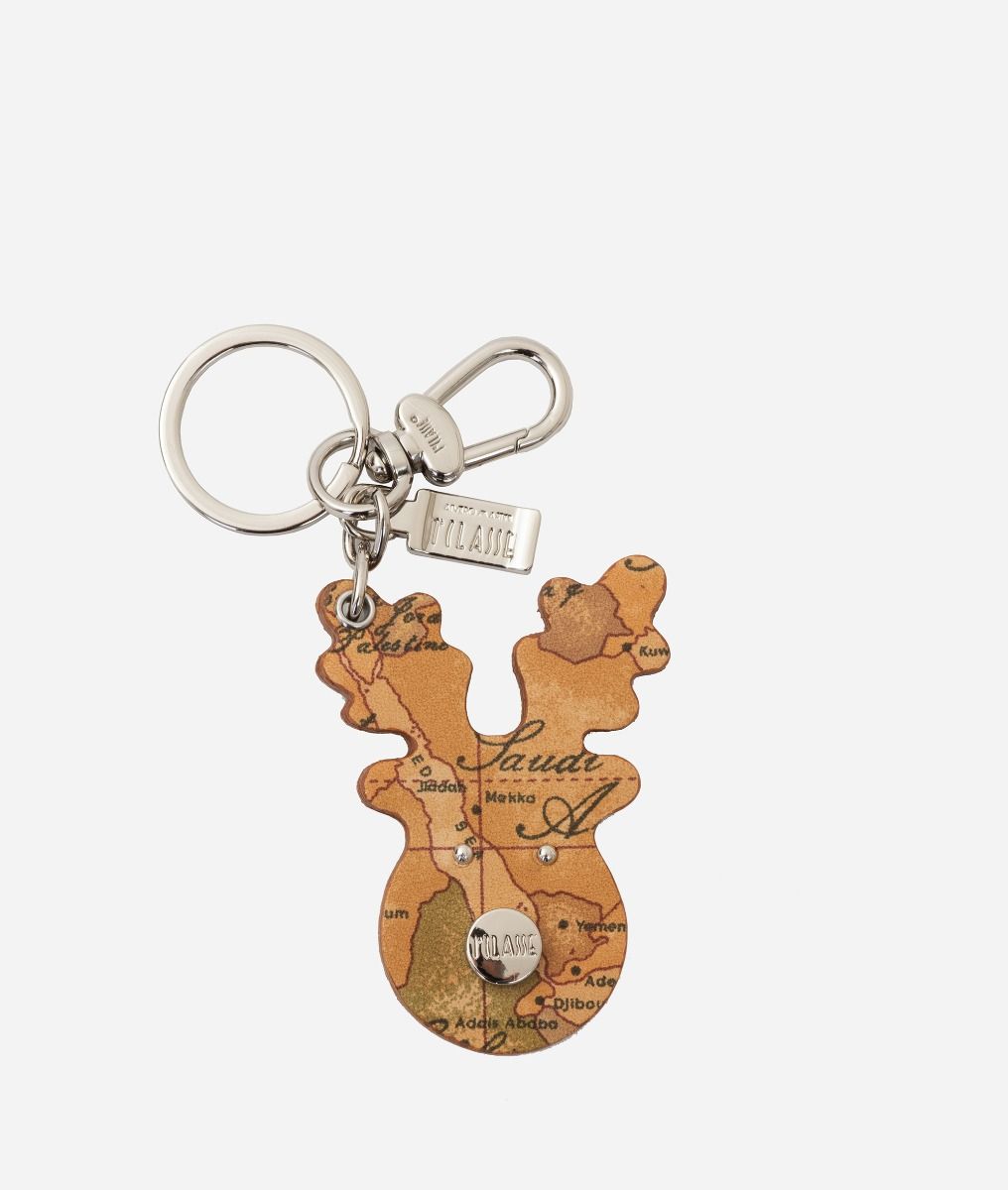 Faux leather moose keychain with Geo Classic print,front
