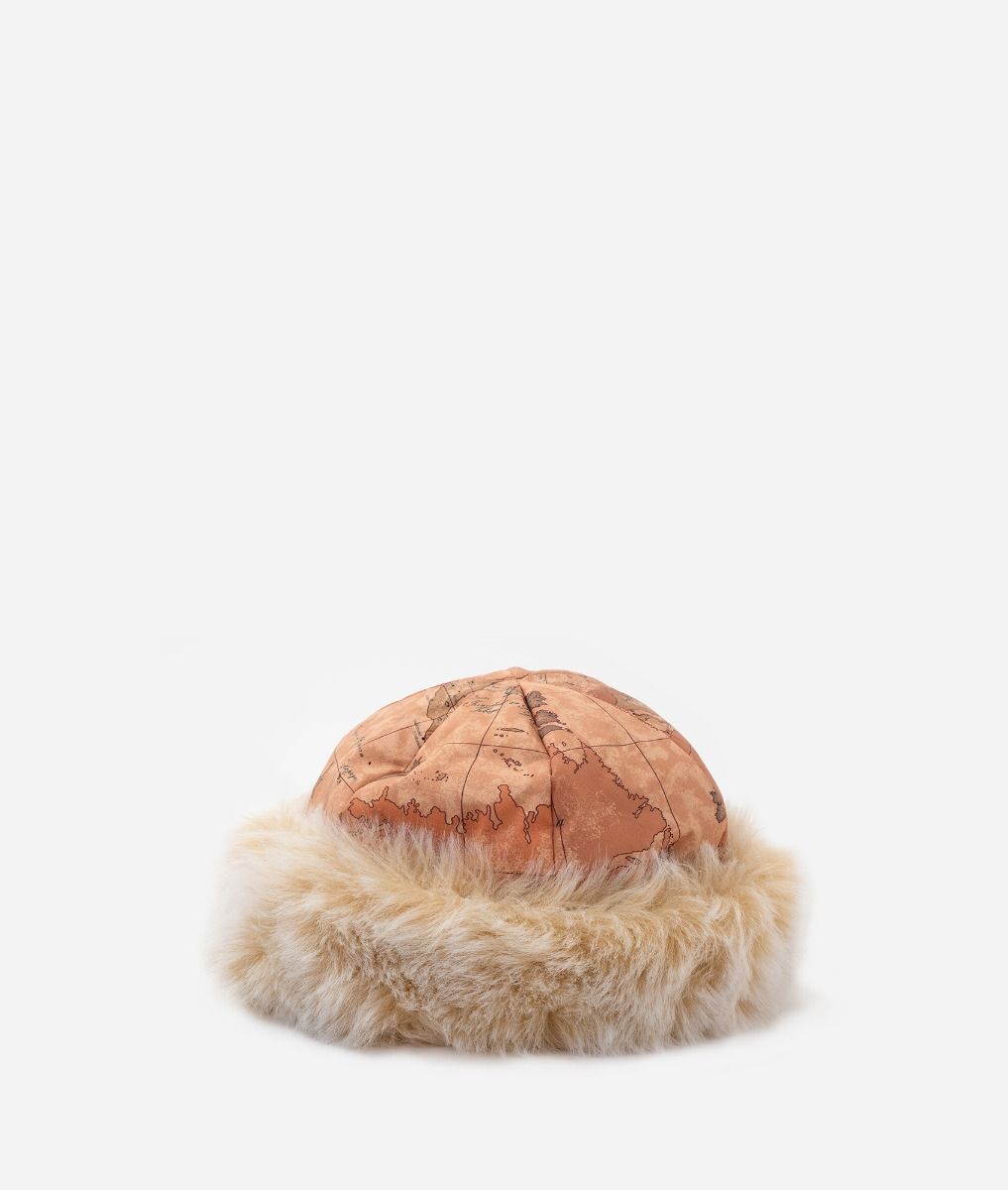 Nylon faux fur hat with Geo Classic print ,front